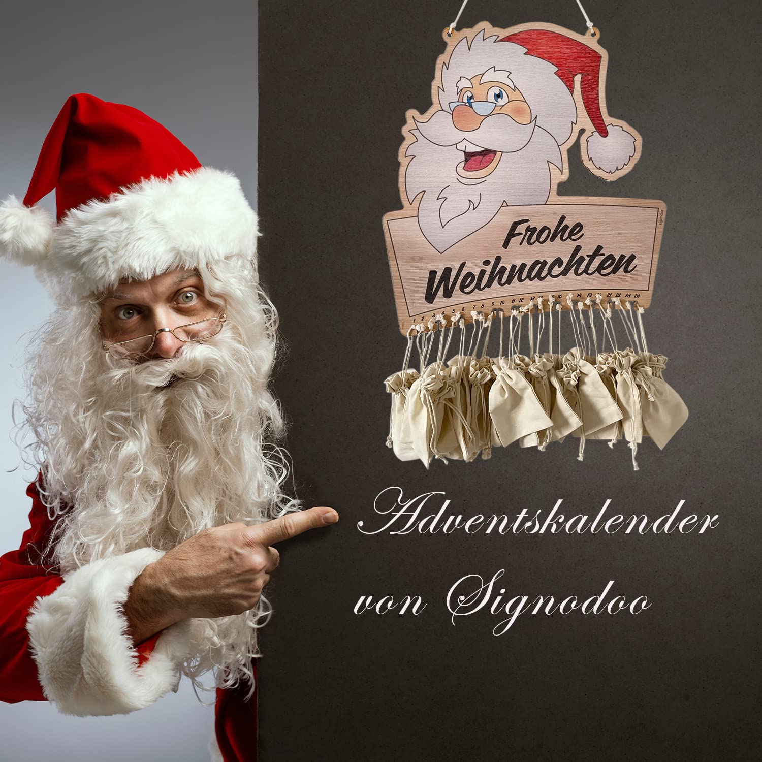 Weihnachtsmann Adventskalender zum Befüllen - Für Kinder und Erwachsene - Holz - Eichenfurnier - Geschenk Kalender - Weihnachten - BxH: 51,0 x 50,0 cm
