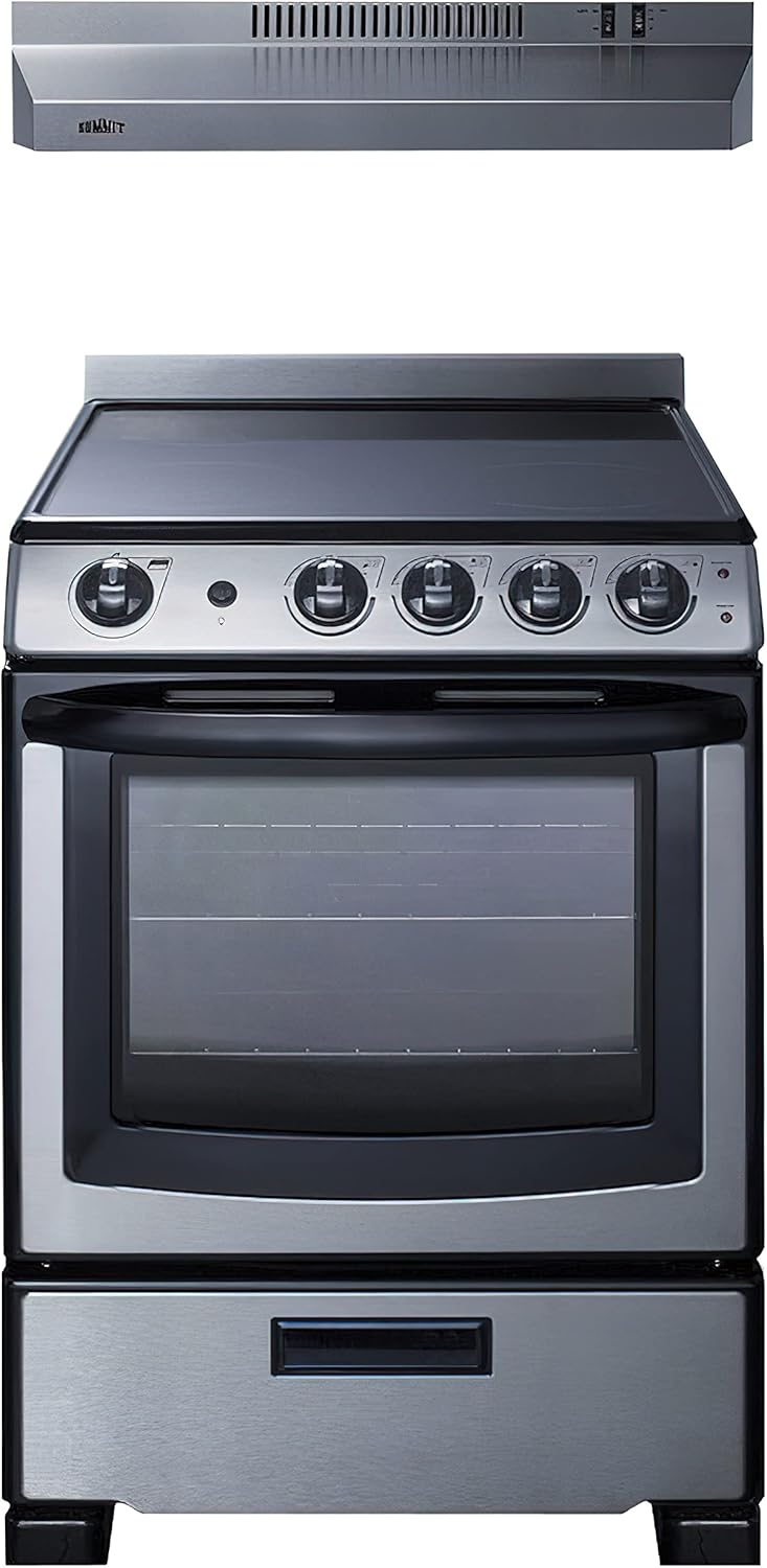 Summit Appliance REXH24RSS 24" Wide Electric Range and Convertible Hood Set, Push-to-turn Knobs, 4 Cooking Zones, Stainless Steel Hood, Adjustable Racks, Smooth Ceramic Glass Top, Boiler Tray