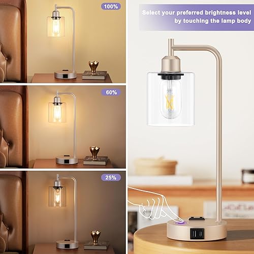 Miniatura 10 de Juego de 2 lámparas de noche industriales táctiles para dormitorio, lámparas de mesa regulables de 3 vías con puertos USB C+A y tomacorriente,