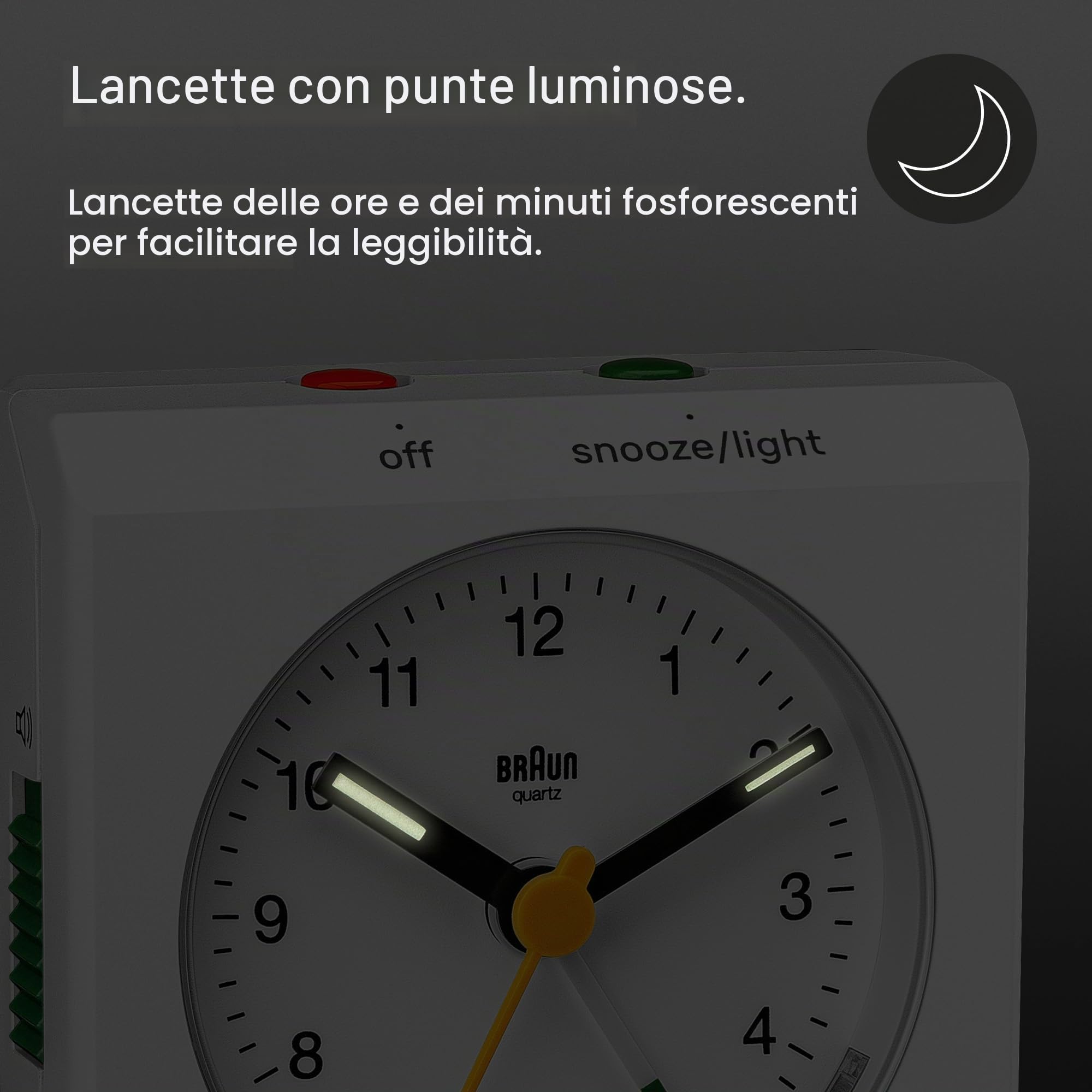 Braun classica sveglia analogica da viaggio con funzione snooze, design vintage, dimensioni compatte, coperchio pieghevole, movimento al quarzo silenzioso, sveglia crescendo in bianco, modello BC05W.