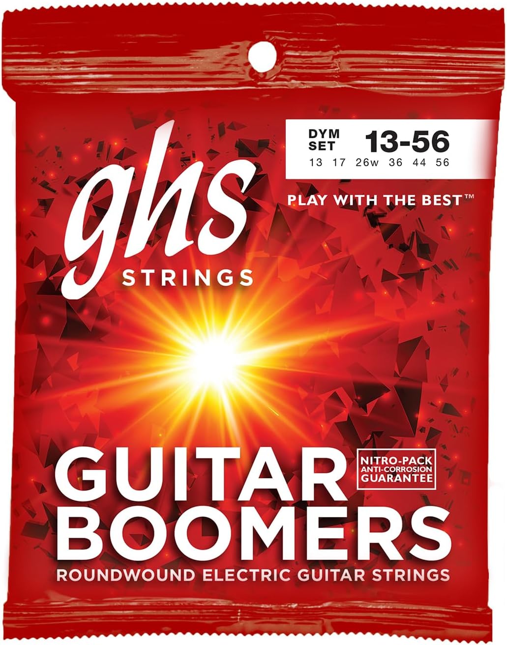 DYM Boomers, Nickel Plated Steel Electric Guitar Strings, Legendary Strength, Consistent Intonation, Unrivaled Sustain, Long Lasting Brightness & Tone. Wound 3rd (G) 13-56 MED Gauge