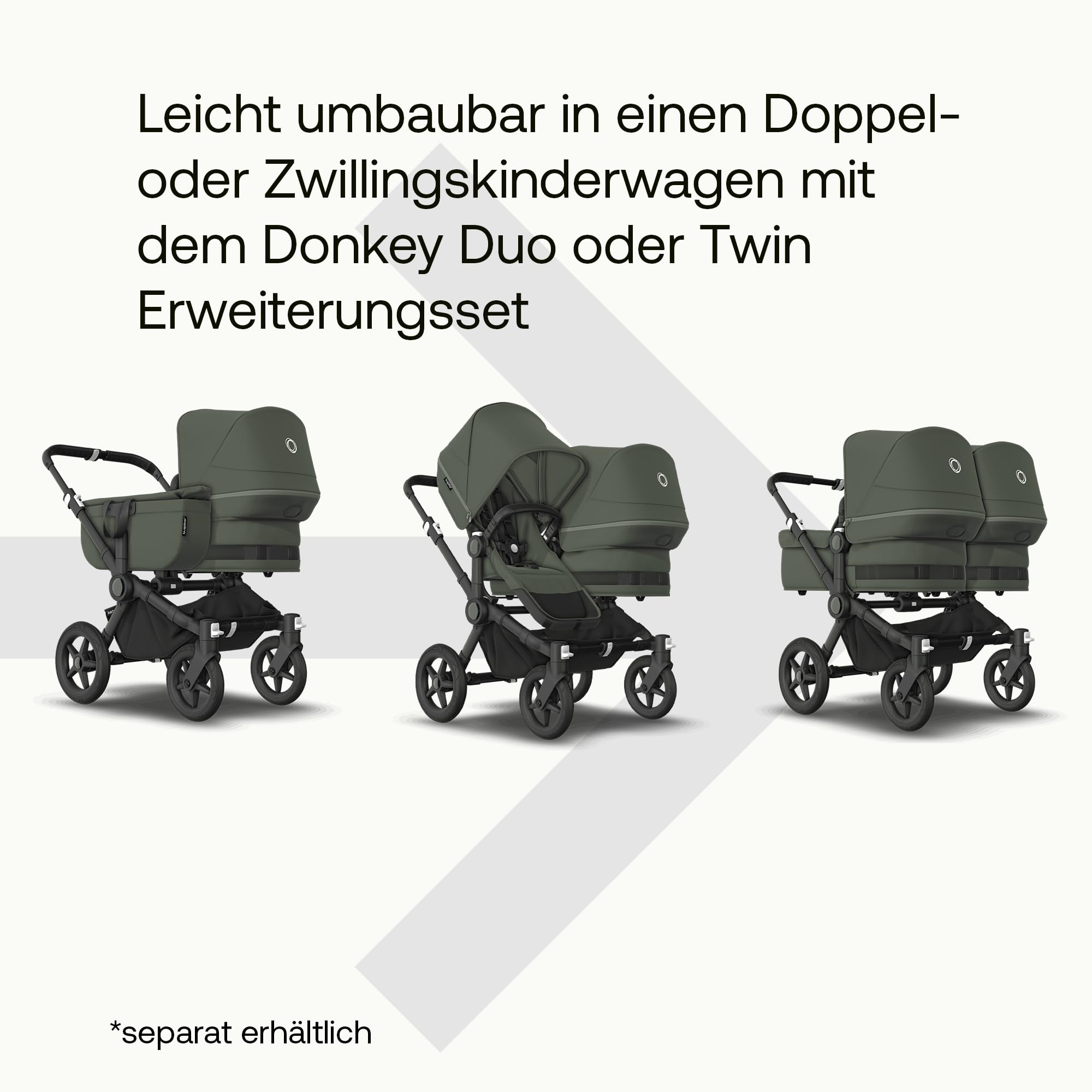 Bugaboo Donkey 5 Duo Erweiterungsset, verwandelt Donkey 5 Mono in Doppelkinderwagen, Side By Side-Design, wendbarer Sitz, Ein-Hand-Lenkung, Forest Green