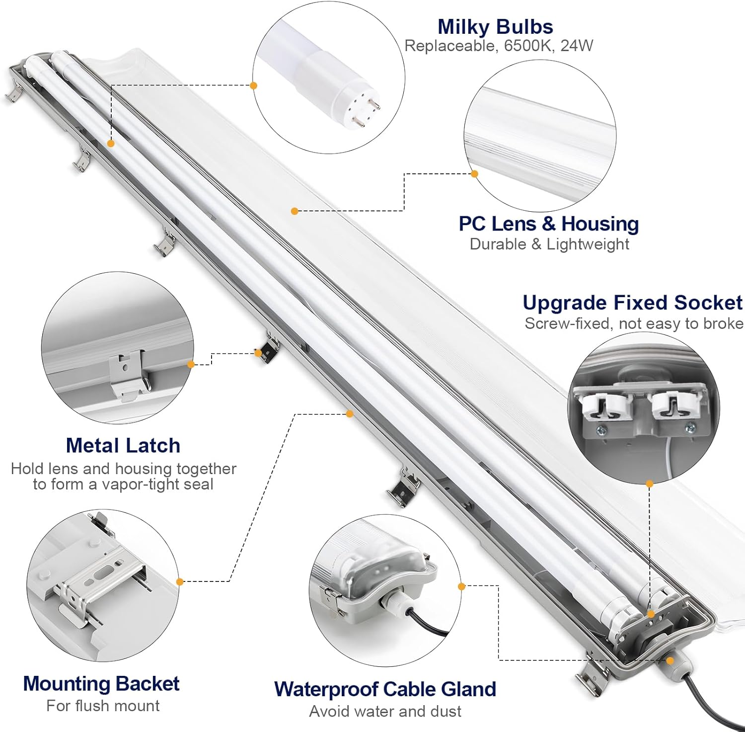 BRILLIHOOD 4Ft LED Vapor Tight Light Fixtures, 48W, 4200LM, 6500K Bright White, Clear Cover, IP65 Waterproof Vapor Proof Lights for Car Wash, Garage, Walk in Freezer, Indoor Outdoor Lighting, 8-Pack