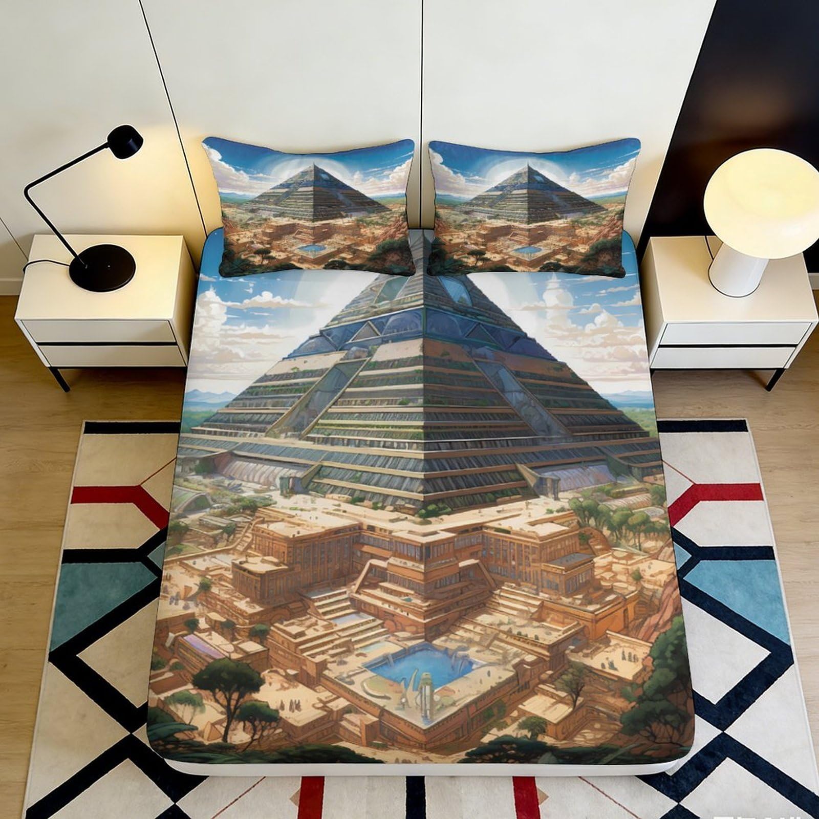 3D Printed Ancient Pyramid Fitted Sheet Microfiber Durable Soft Bed Cover with 3D Architectural Print for Bedroom Dormitory Guest Room Mattress Protection 200x200x25cm