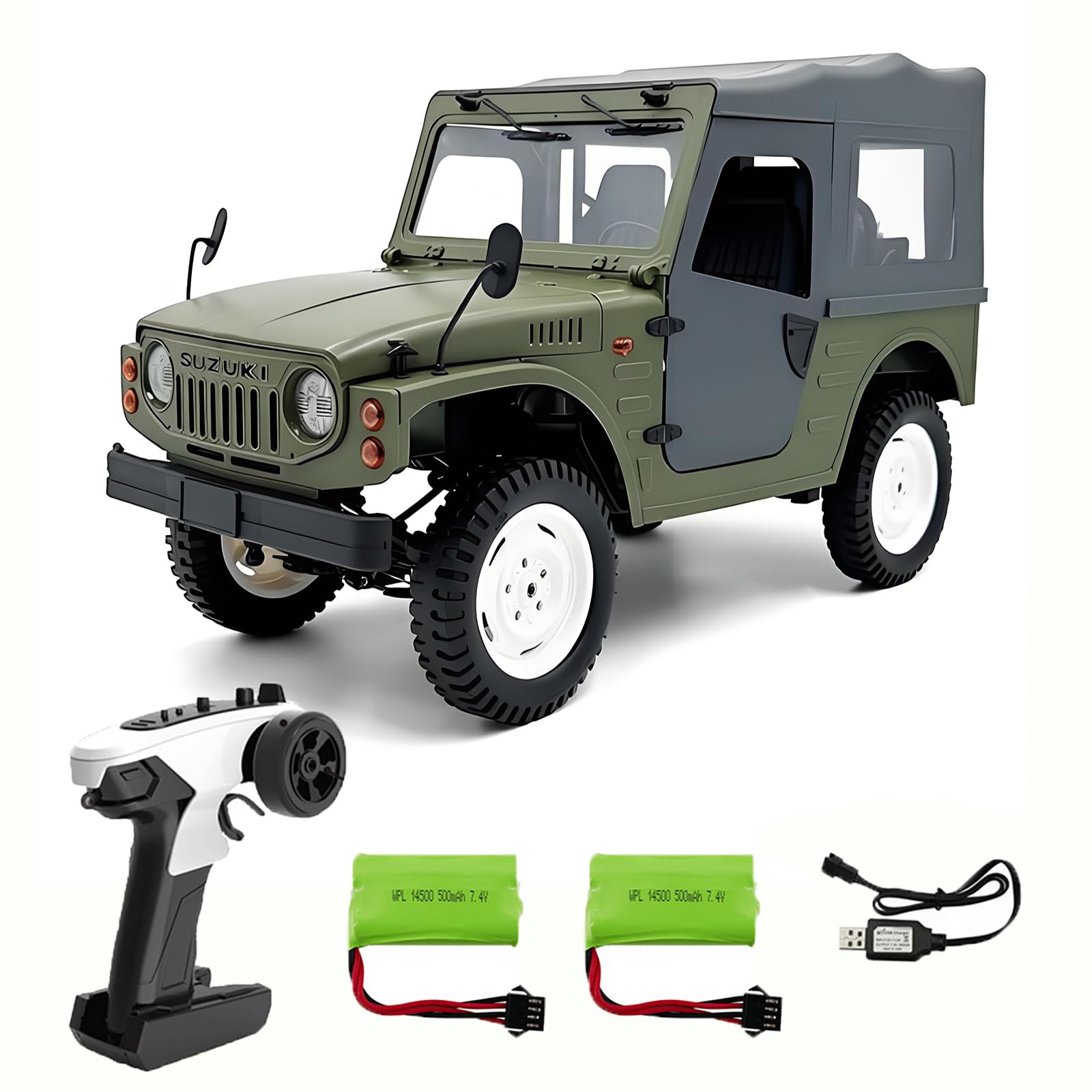 Hylukon 1:10 Scale RC Crawler, WPL C-84 4WD All-Terrain Off-Road Vehicle, Removable Doors and Roof RC Rock Crawler, Remote-Controlled Climbing Model Car for Teen Adults (Green)
