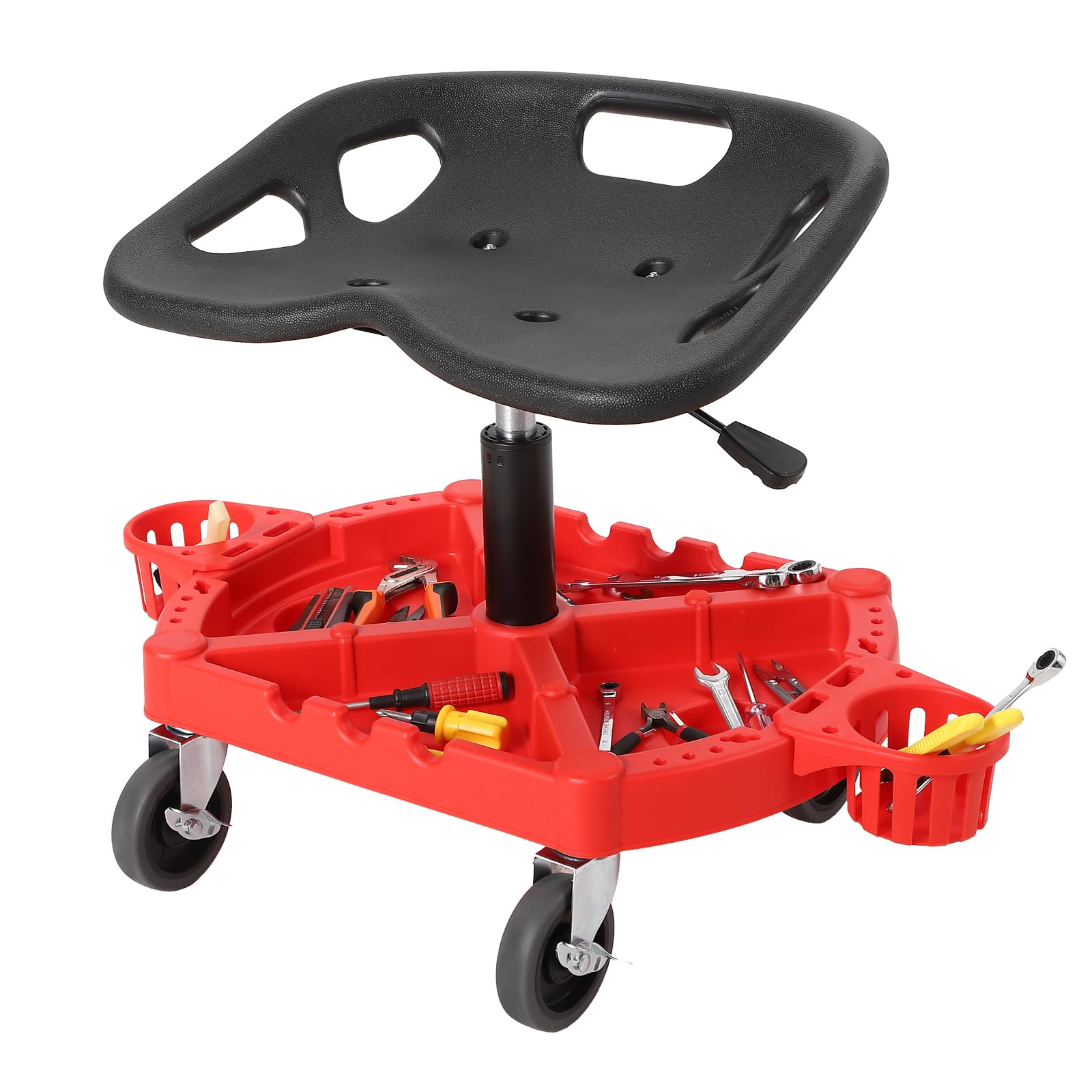 Garvee Höhenverstellbarer Werkstatthocker mit Rollen – Ergonomisch und gepolsterter Sitz, 360° dreh- und feststellbare 10 cm Rollen, abnehmbares Magnet-Werkzeugfach, ideal für Kfz-Reparatur & Garage