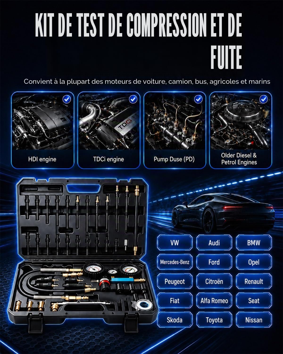47PCS Kit Compressiomètre, Testeur de Compression Moteurs Diesel et Essence | Compressiomètre Diesel avec Compressiomètre 0-700 PSI / 0-50 Bar, Test Compression Moteur Compatible HDi, TDCi, Pumpe-Düse