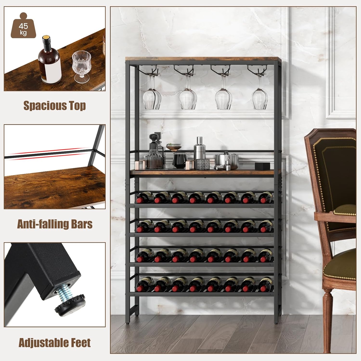 Giantex Freestanding Wine Rack for 32 Bottles & 16 Glasses, 4-Tier Storage & Stemware Racks, Multifunctional Wine Display Stand