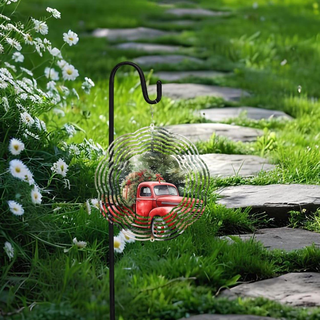 Red Truck Pine Tree Christmas Wind Spinners 3D Stainless Steel Laser Cut Metal Double Sided Printing-Hanging Indoor/Outdoor Decorations Yard Gardening Decor,Metal Kinetic Art 14x14 inches