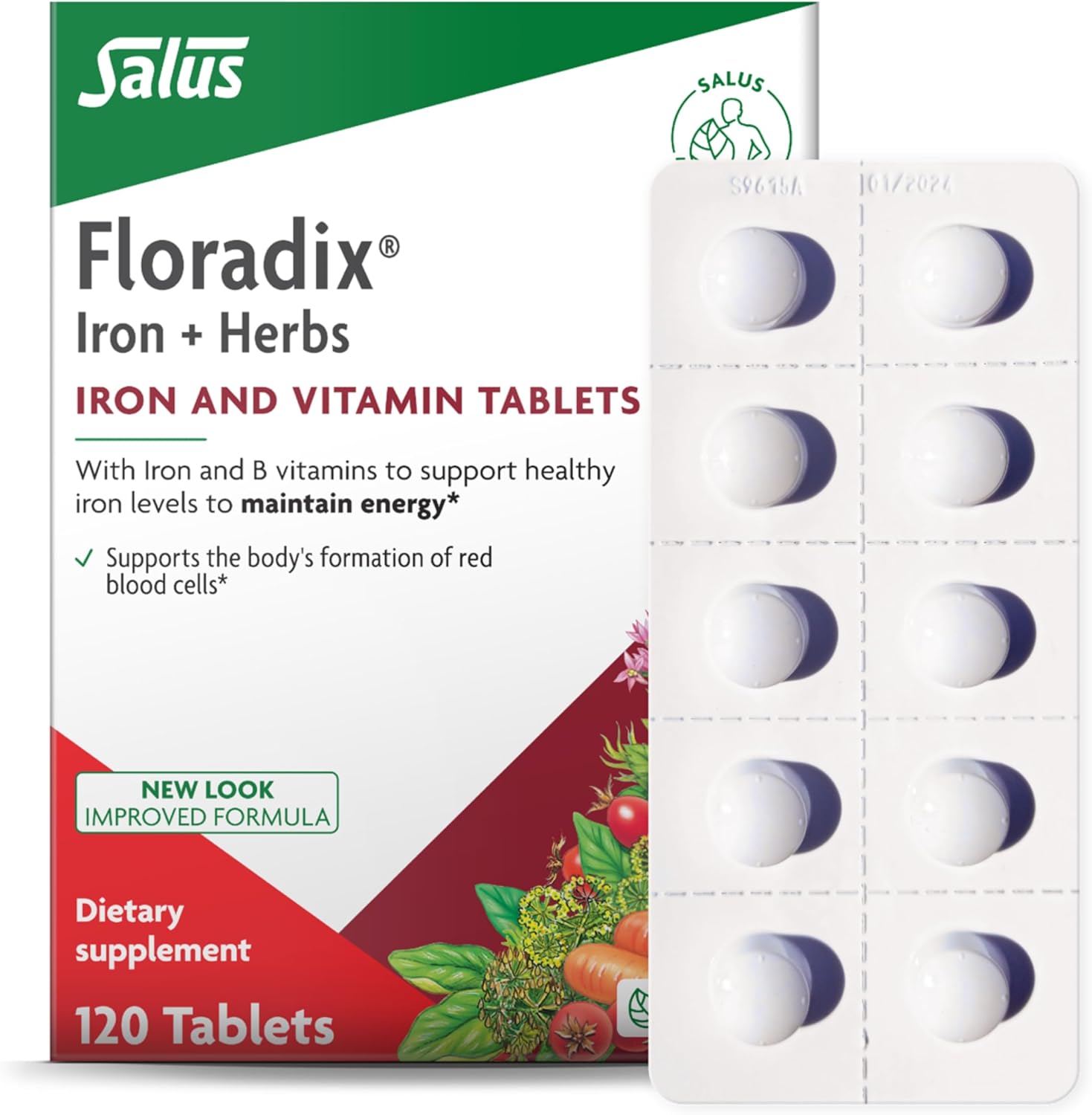 Floradix Iron Tablets - Iron Supplement with B Vitamins, Folic Acid, Vitamin C &amp; More - Energy Support - Vegetarian &amp; Gluten-Free - 120 Tablets (120 Servings)