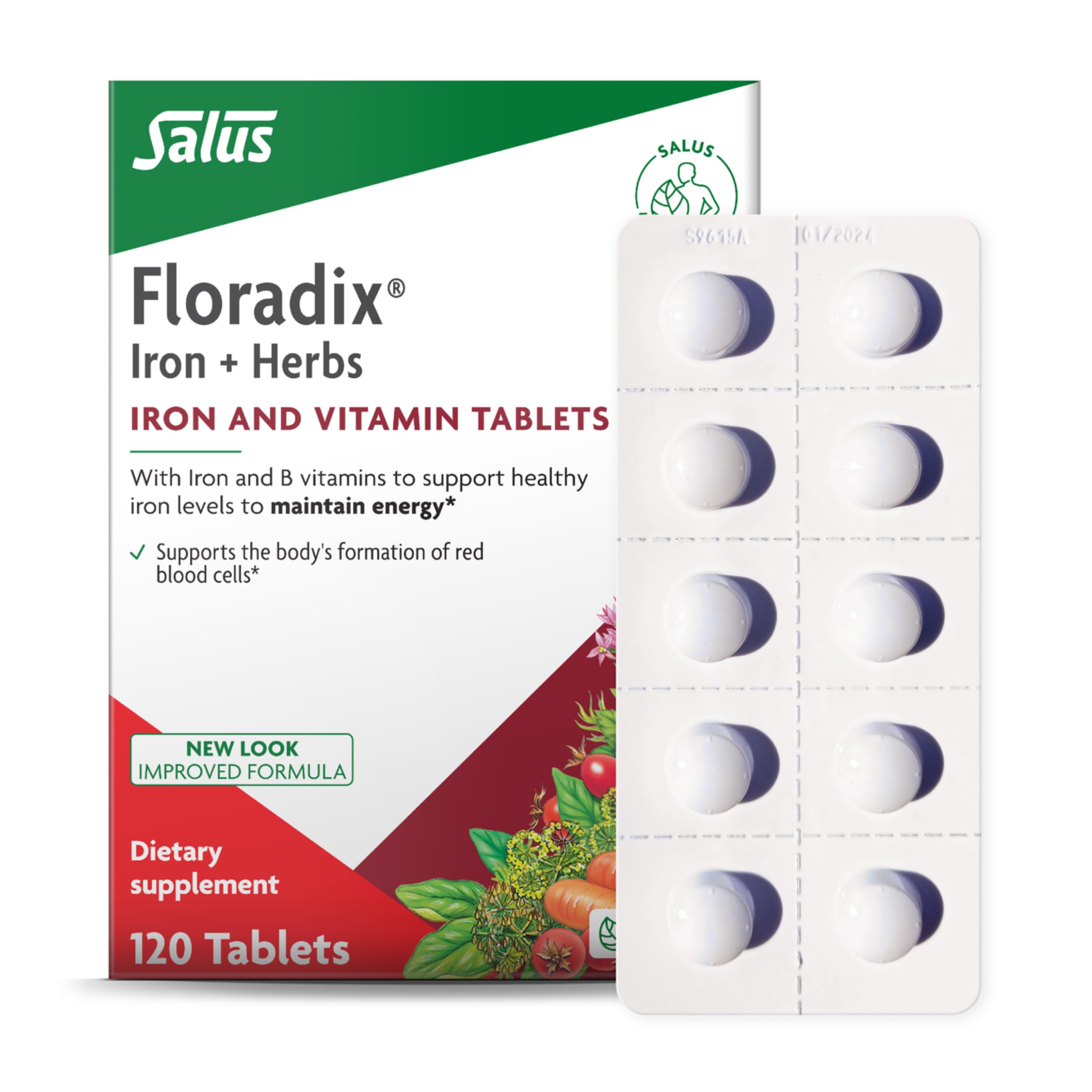 Floradix Iron Tablets - Iron Supplement with Folic Acid, Vitamin C & More - Energy Support* - Vegetarian, Gluten-Free - 120 Tablets
