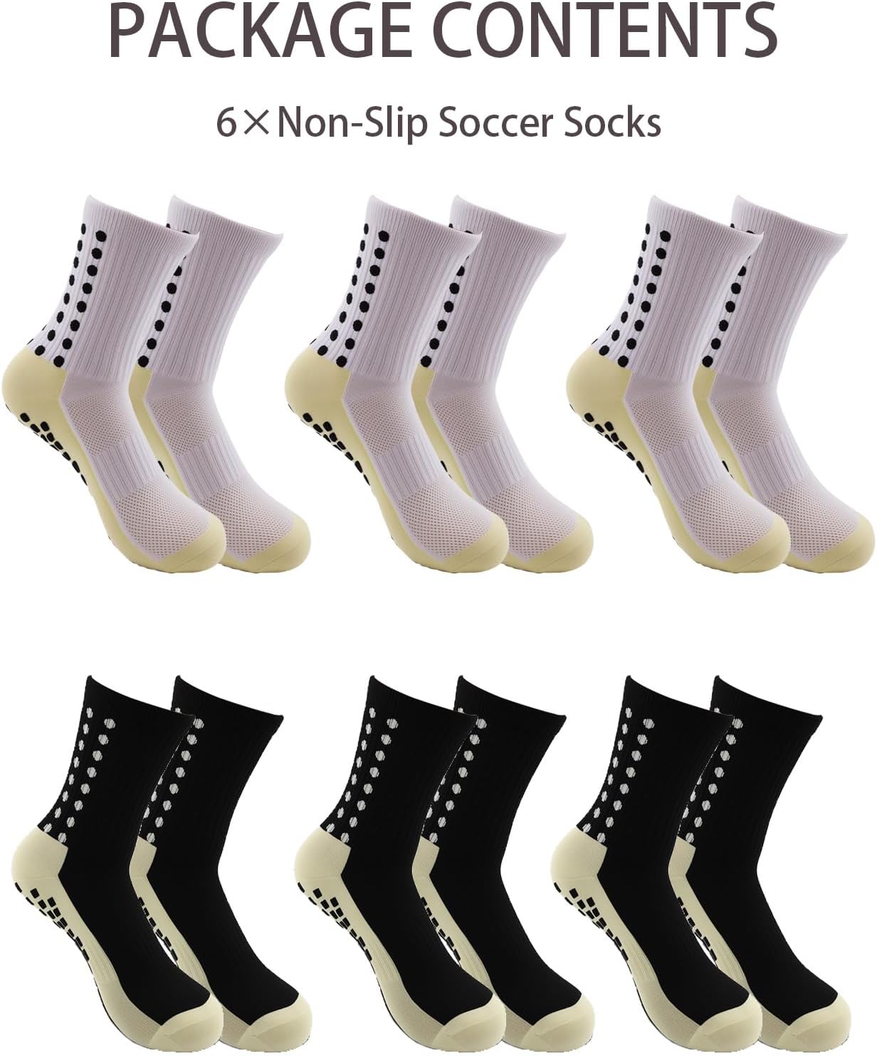 Heran 6 Pairs Non-Slip Soccer Socks with Grip Pads, Breathable Football Basketball Yoga Socks for Men Women, Suitable for Sports and Outdoor Activities (White & Black)