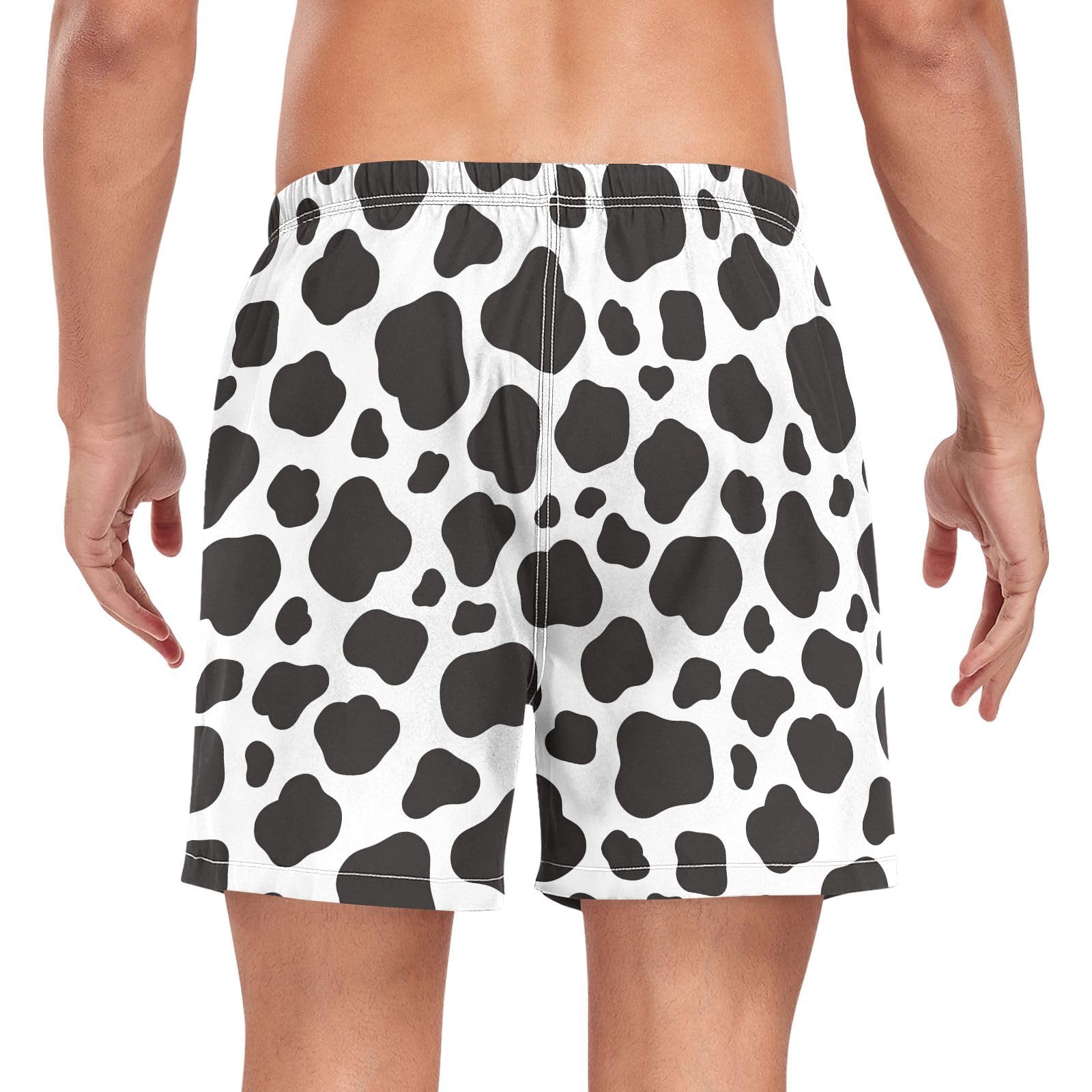 JUNZAN Men Swim Shorts Cow Printed Mens 2 Layer Running Shorts with Pockets and Compression Liner Board Shorts Quick Dry
