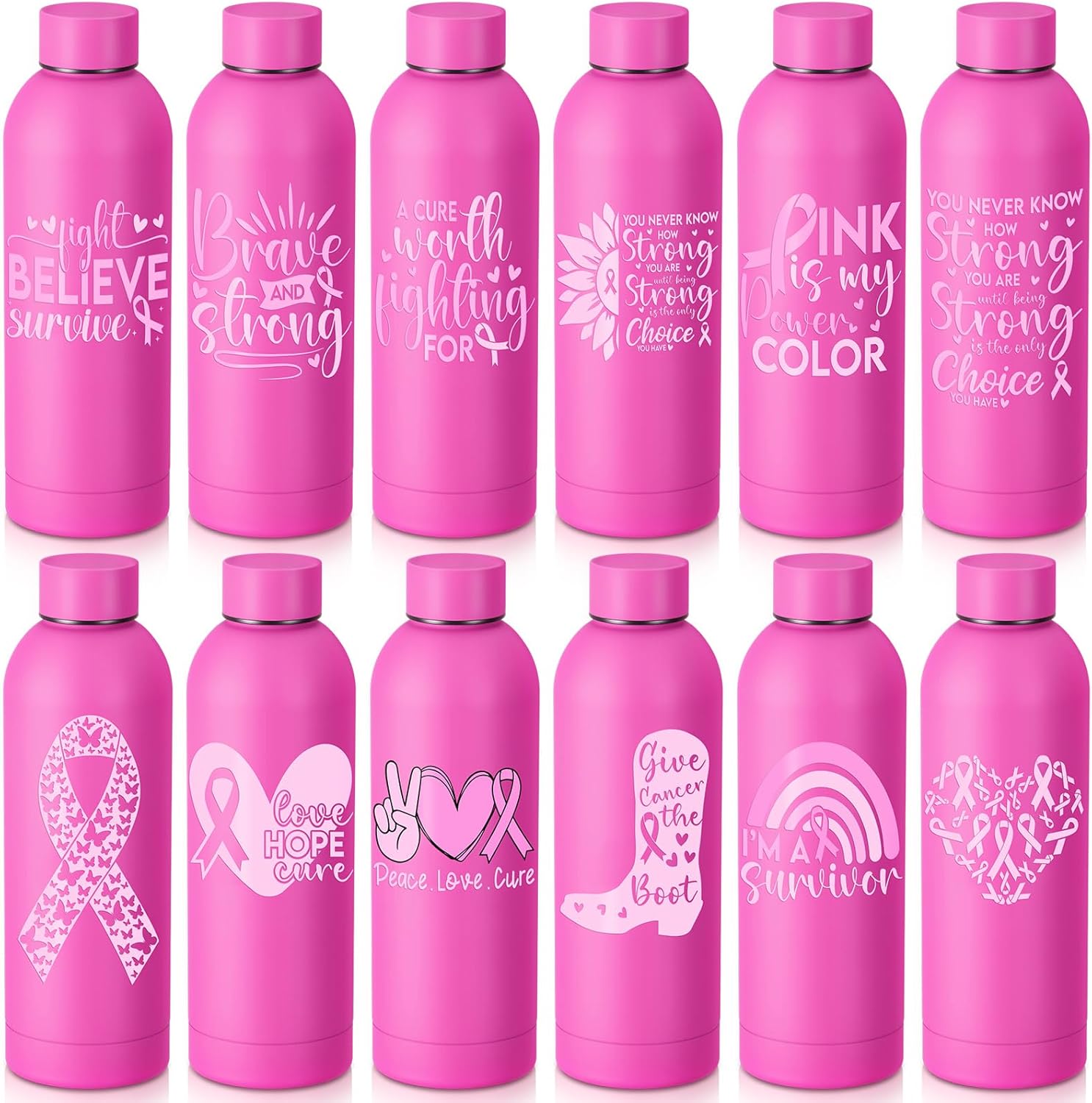 LemonRoad 12 Pcs Breast Cancer Awareness Water Bottles 17oz Stainless Steel Pink Ribbon Tumbler Cup Bulk Gifts for Women Survivors Events(Classic Style)