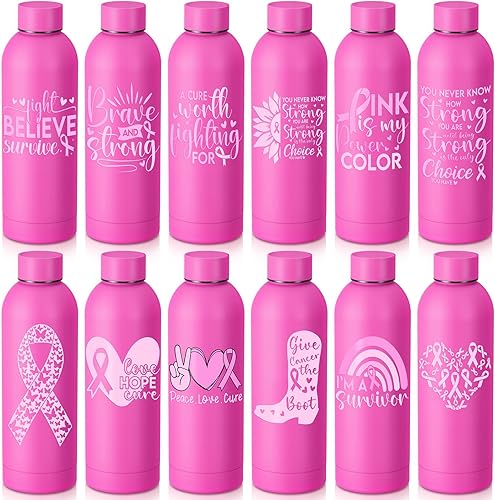 LemonRoad 12 piezas de regalos para el cuidado del cáncer de mama para mujeres, taza de acero inoxidable de 17 onzas, taza de acero inoxidable con