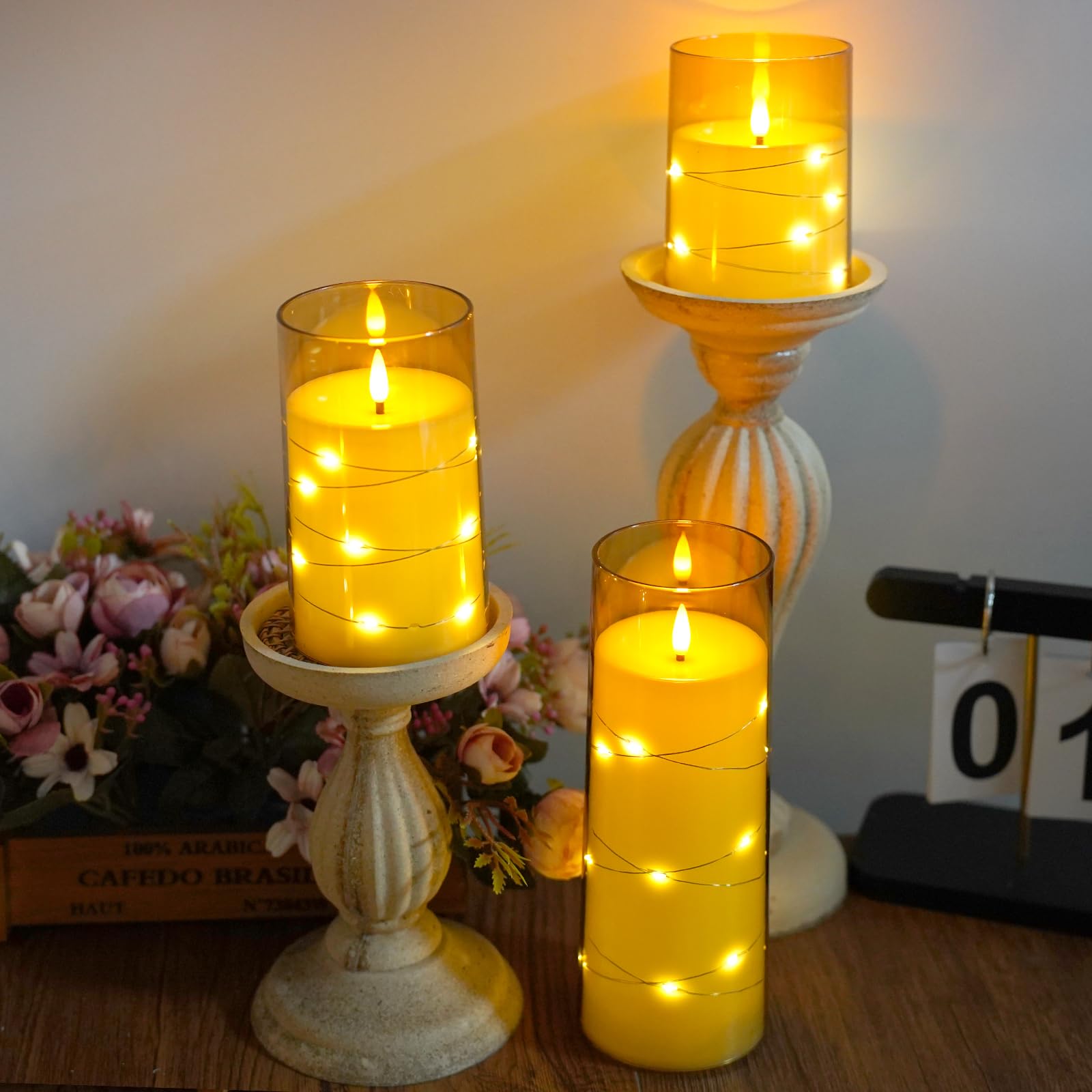 Fo32won 6-Pack Flameless LED Pillar Candles With Remote & Timer - Ivory, Flickering With Fairy String Lights, Battery Operated
