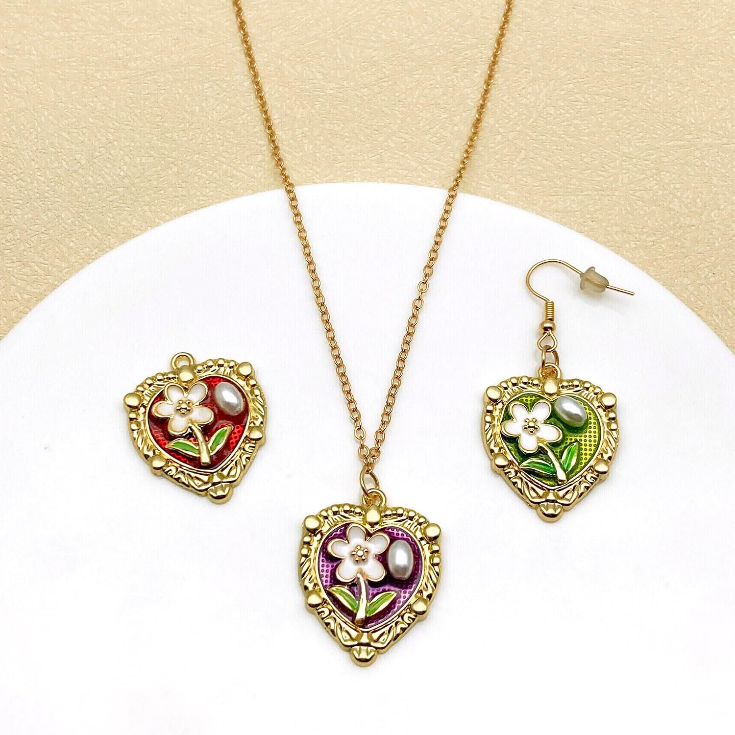 Youdiyla 8pcs Alloy Enamel Oil Painting Style Heart-shaped Flower Set Pendant Jewelry Making DIY Keychain Earrings Pendant Various Design Charms for Jewelry Making Bracelets Necklace(SN1116) - Image 7