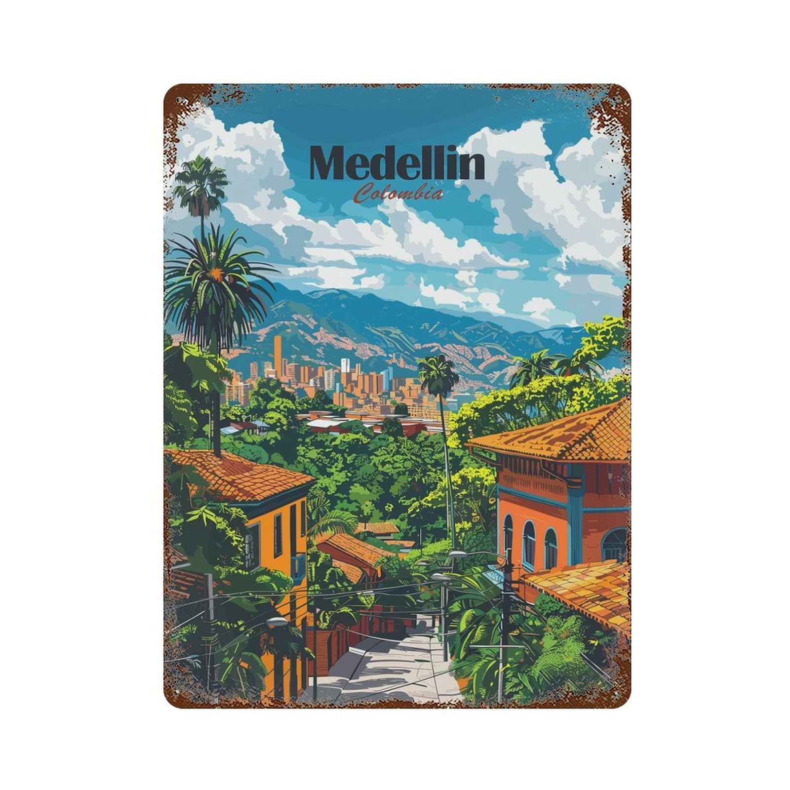 Medellin Cityscape Rusty Metal Tin Sign 15.7"x11.8", Farmhouse Wall Decor for Farmhouse, Kitchen And Entryway Decor