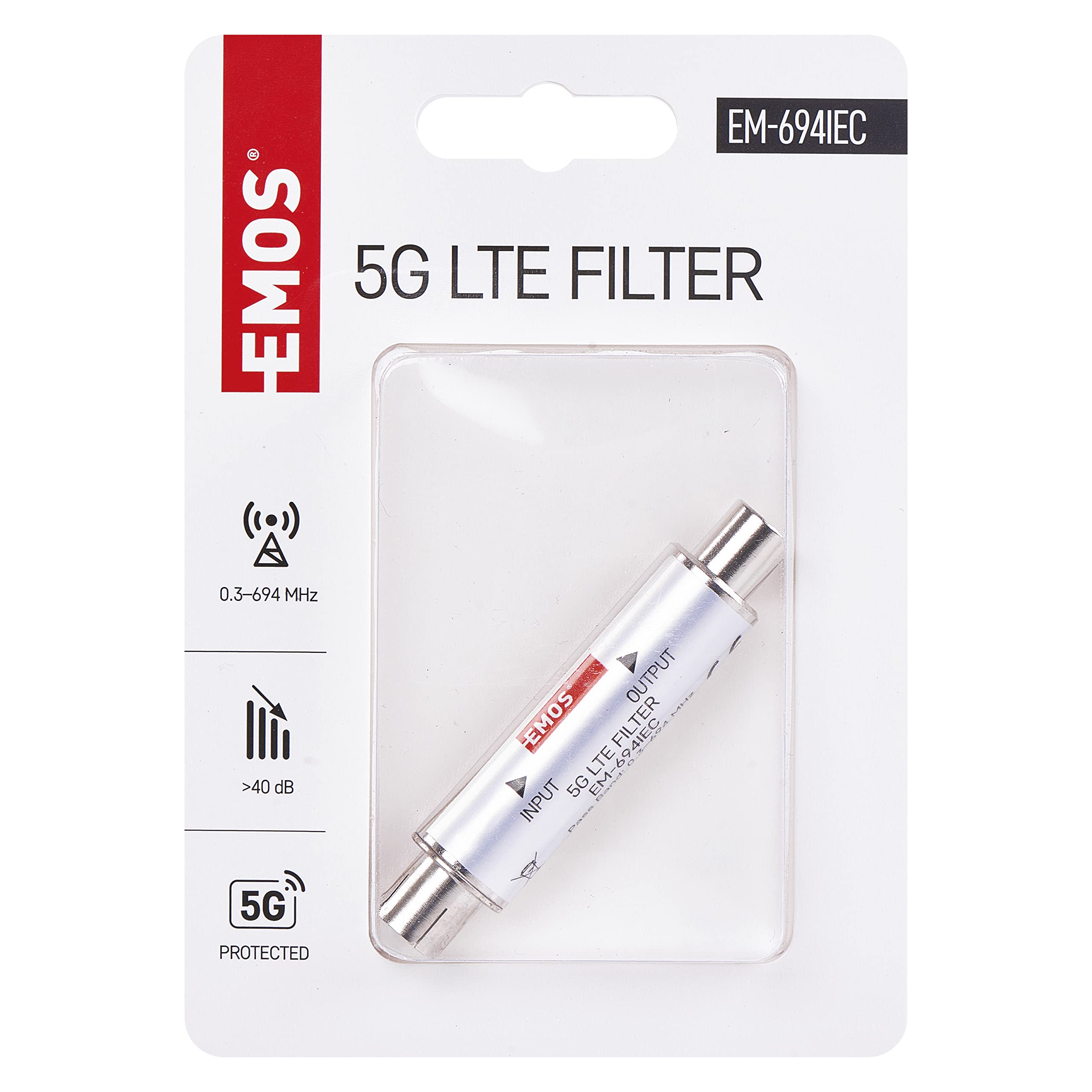 EMOS Filtro de Bloqueo LTE/4G/5G, 694 MHz, 1,6 x 6,8 cm, Conector coaxial, Plateado