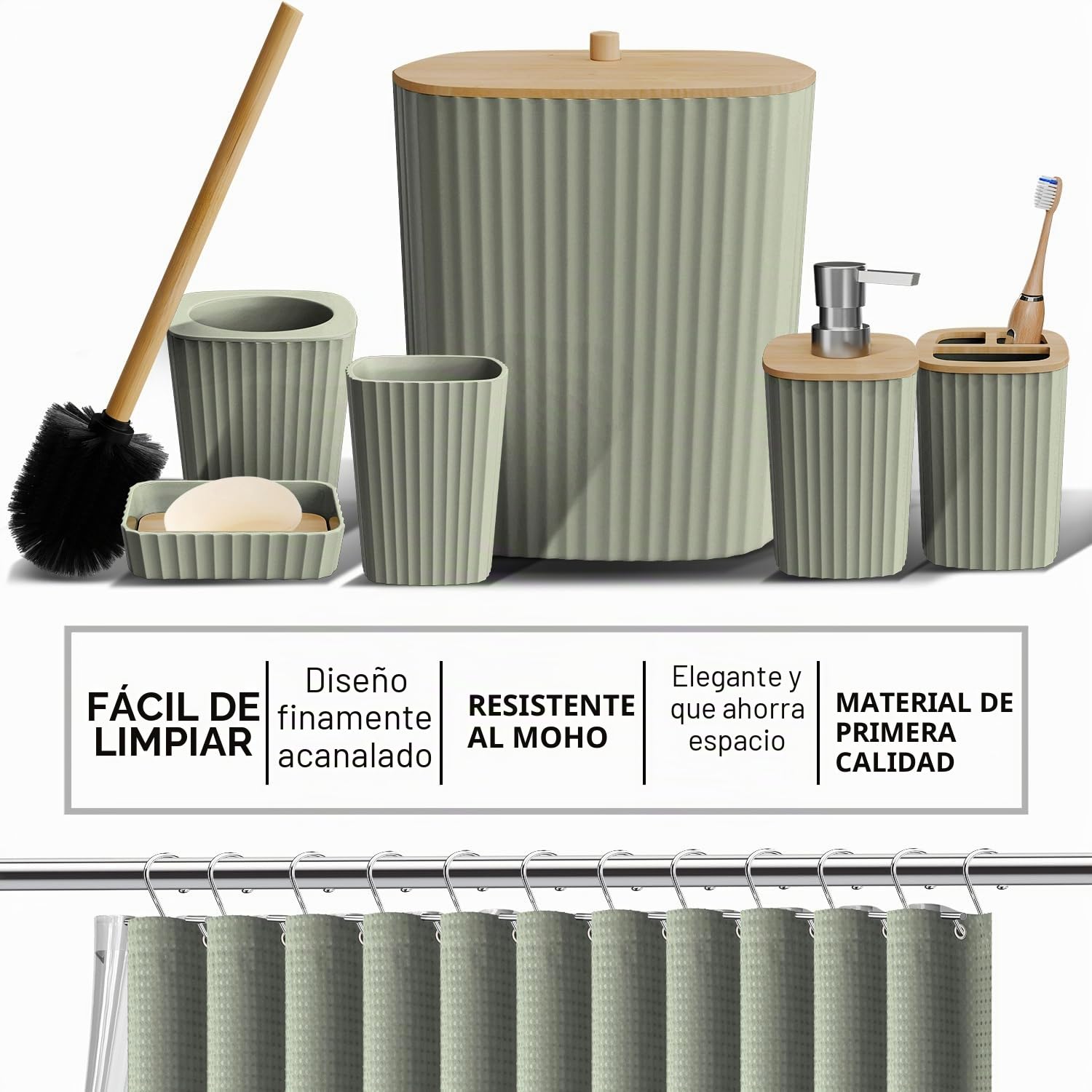 Clara Clark Juego de 20 Accesorios de baño Verde Salvia, Juego de Cortina de Ducha, Cepillo de Inodoro, Cubo de Basura y dispensador de jabón
