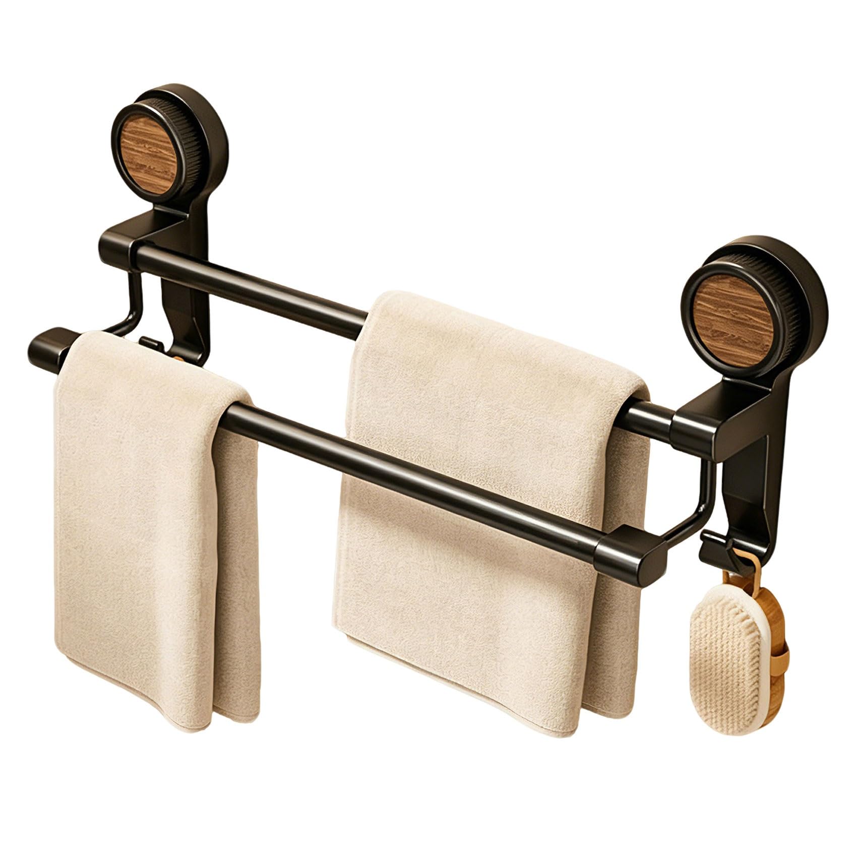 Yavyav One Color Suction Cup Towel Bar No Drill Heavy Duty Double Towel Rack Black Waterproof Rustproof Wall Mounted Rail Hanger Holder For Bathroom Kitchen Shower Glass Door(40Cm/15.7In)