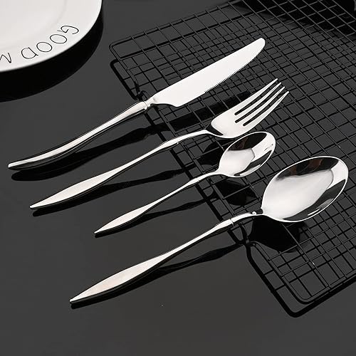 Miniatura 2 de JASHII Juego de cubiertos de acero inoxidable 18/10 de alta resistencia con mango único para 4, cubiertos modernos para el hogar, aptos para