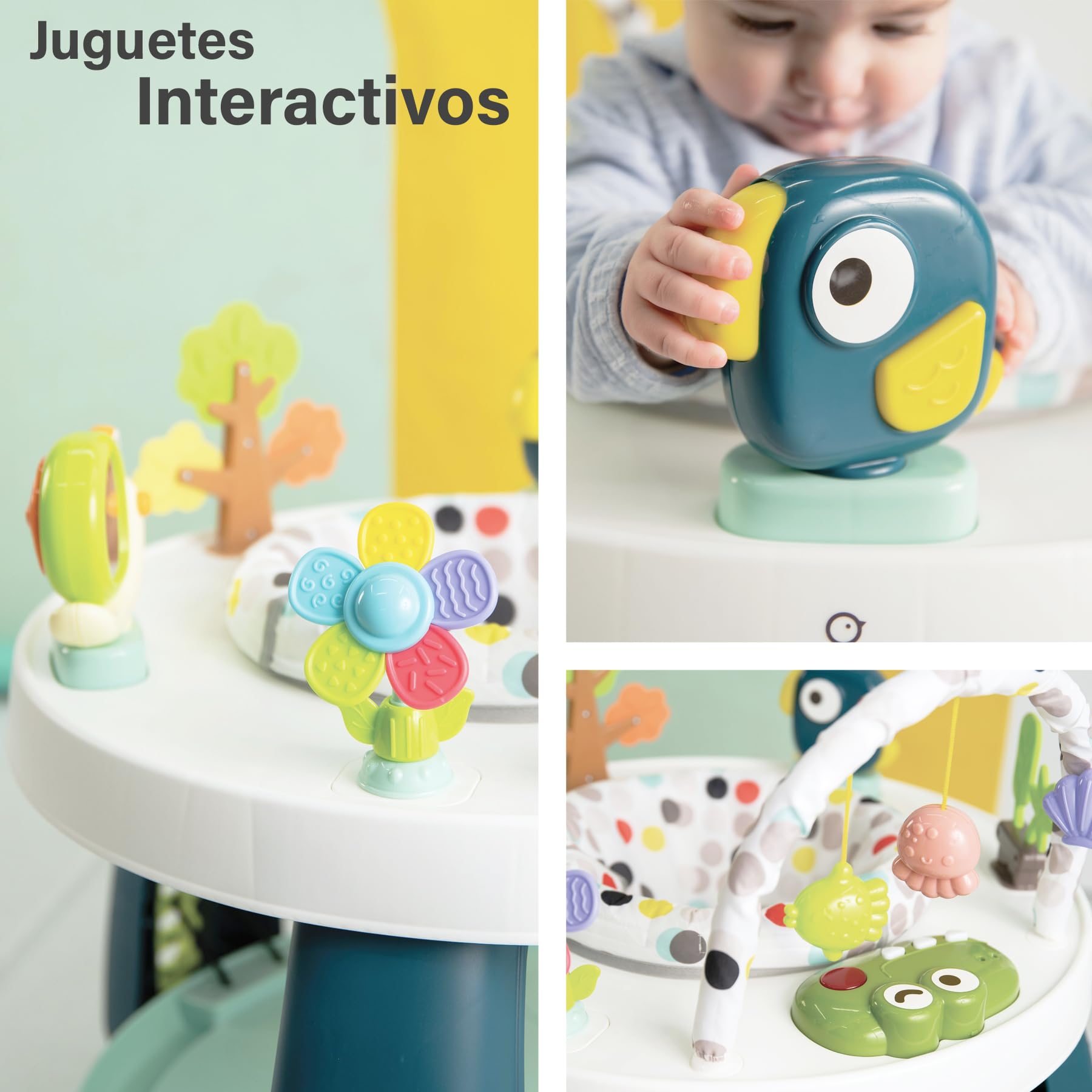 Olmitos - Centro de Actividades 2 en 1 para bebé con Saltador CROK - Mesa de Juegos y Juguetes Desmontables | Asiento Giratorio 360º y Plataforma Ajustable (Dots)