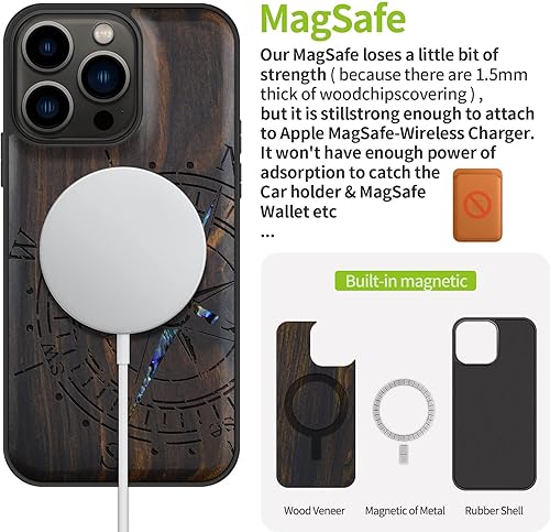 Miniatura 5 de Carveit Funda protectora de madera de diseñador para iPhone 13 Pro, cubierta magnética, grabado en madera e incrustaciones de concha, funda de