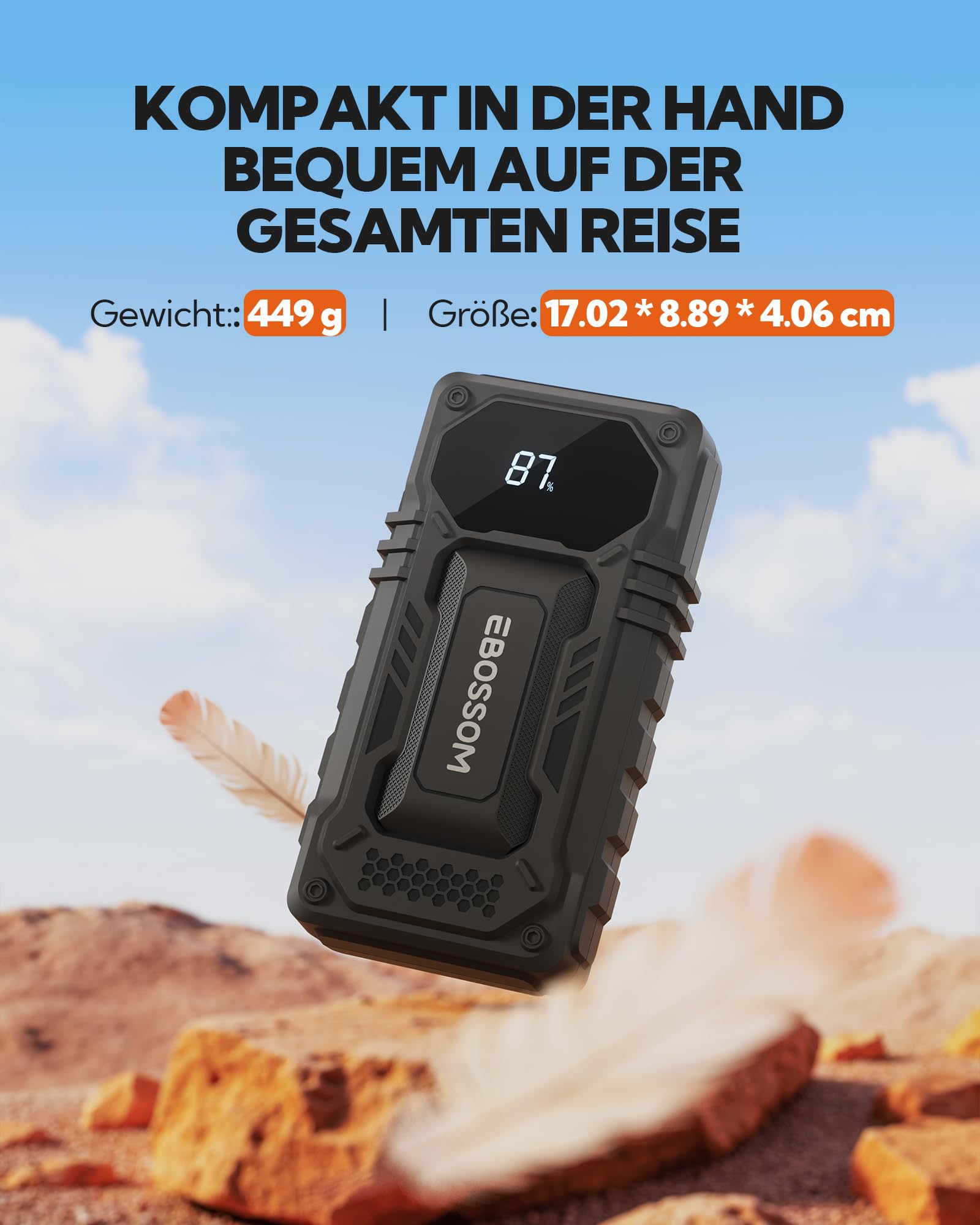 Starthilfe Powerbank für PKW 12000mAh,Jump Starter Auto 44.4Wh Auto-Starthilfe für 12V Fahrzeuge, Starterbatterie-Booster mit LED, Ladegerät Autobatterie mit Starthilfekabel, Überbrückungsgerät