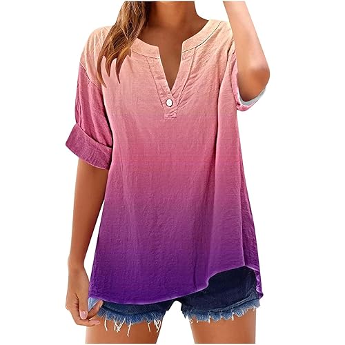 Gradient V Neck Shirt for Women Short Sleeve Ombre Blouse