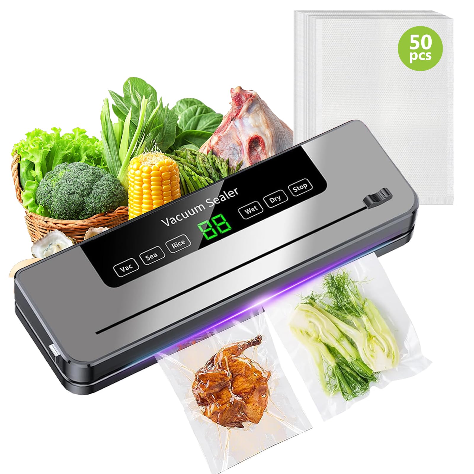 6-in-1 Food Vacuum Sealer Machine, 65KPA Powerful Kitchen Food Sealer, 30cm Longer Seal, Built-in Cutter & LED Digital, Dry/Wet/Pulse Modes, Includes 50Pcs BPA-Free Vacuum Sealer Bags(UK Plug)