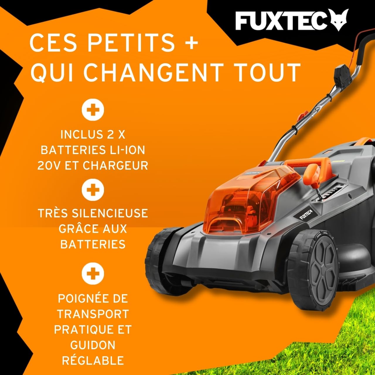FUXTEC Tondeuse à Gazon sans Fil 40V (2x20V) E2RM43 Set Batteries et Chargeur - Largeur De Coupe 43cm, 40L