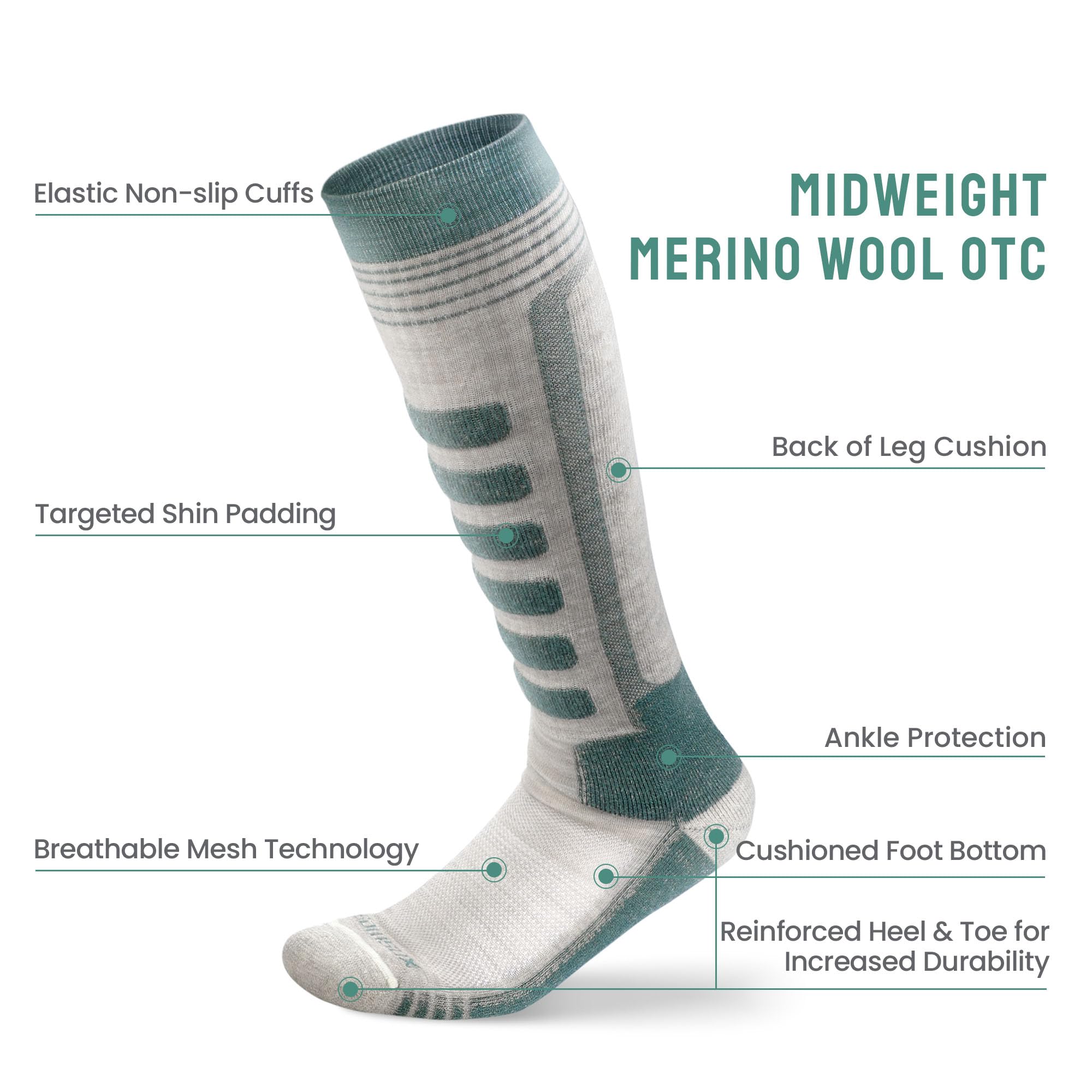 SAMSOX 2 Paar Merino Wolle Skisocken Made in USA Over-the-Calf Ski- und Snowboardsocken für Damen & Herren (Ashland)