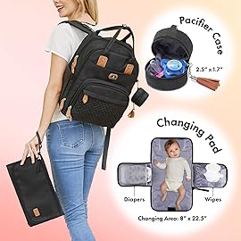 Dikaslon Diaper Bag Backpack with Portable Changing Pad, Pacifier Case and Stroller Straps, Large Unisex Baby Bags for Boys Girls, Multipurpose Travel Back Pack Moms Dads, Black