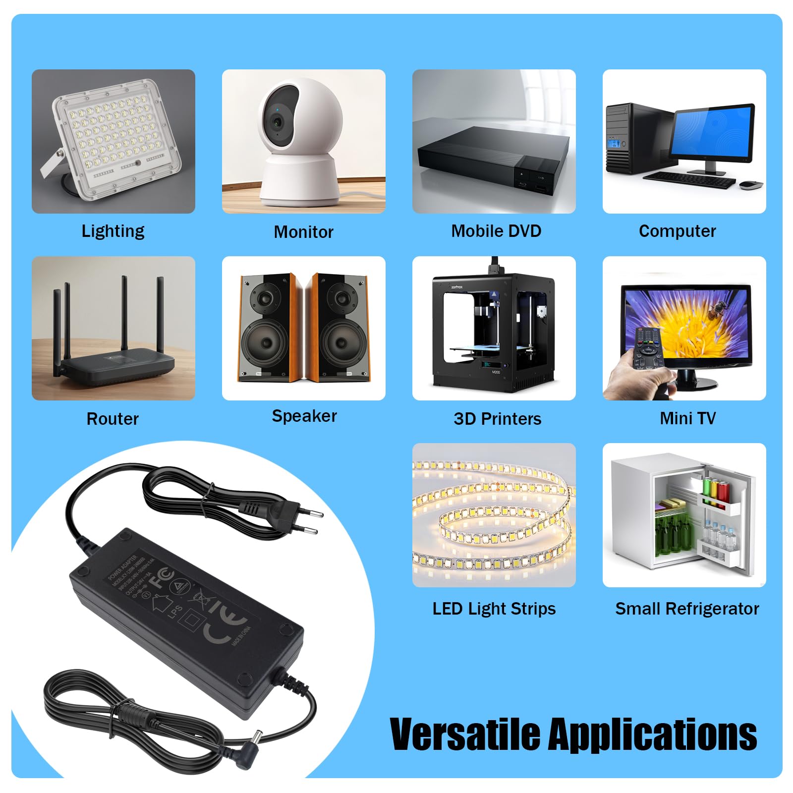 24 V, 8 A, zasilacz 192 W, konwerter napięcia AC 100-240 V na DC 24 V, uniwersalny zasilacz z wtyczką 5,5 x 2,5 mm do taśm LED, kamery monitorującej, monitora LCD