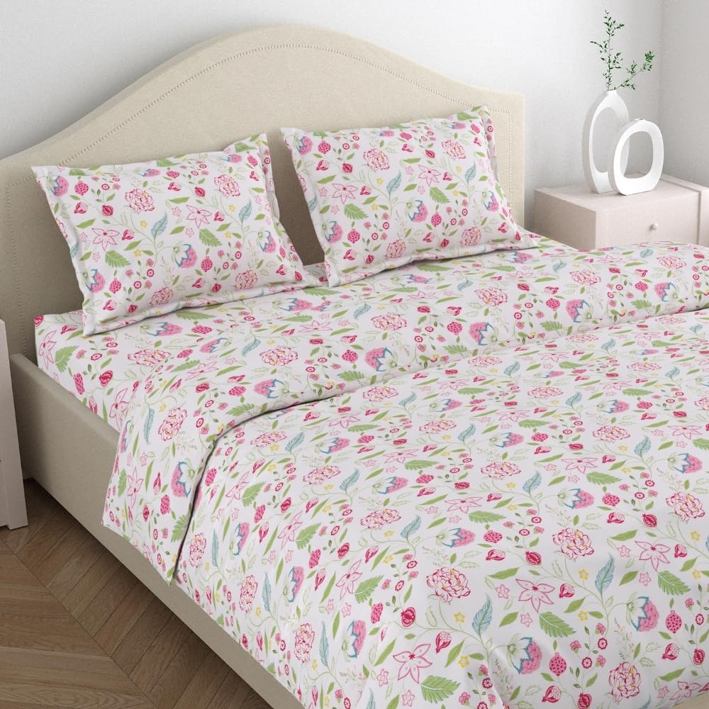 haus & kinder Bedsheet King Size 100% Pure Cotton Bed Sheet with 2 Pillow Covers, 186 TC 108X108 Inches Bedding Set, Soft Breathable Cozy Flat Sheet, Jaypore Blooms, Multicolor