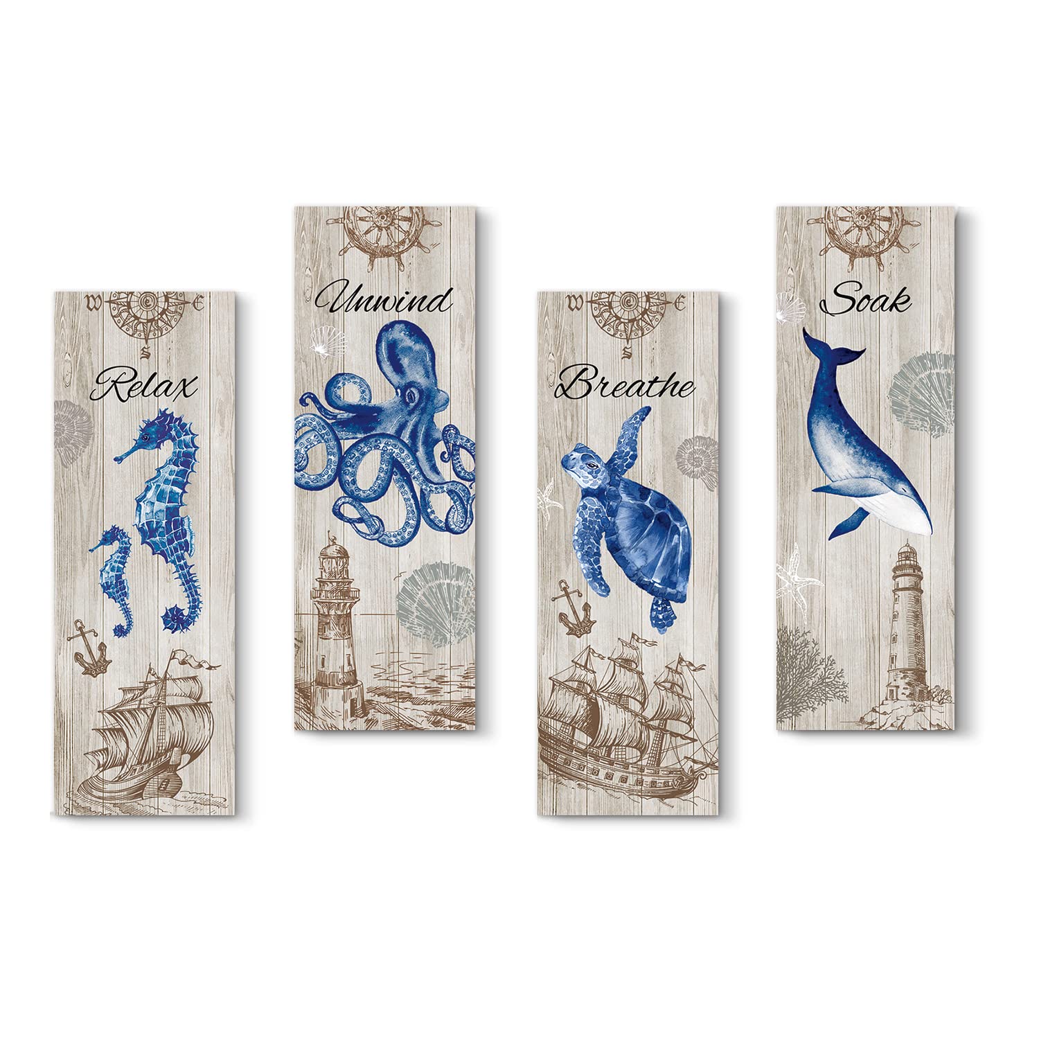 4 Pieces Ocean Coastal Bathroom Wall Decors,Blue Sea Turtle Octopus Whale Seahorse Pictures Wall Art Wood Sign,Wooden Relax Soak Unwind Breathe Wall Decorations for Kids Living Room Bedroom Dinning