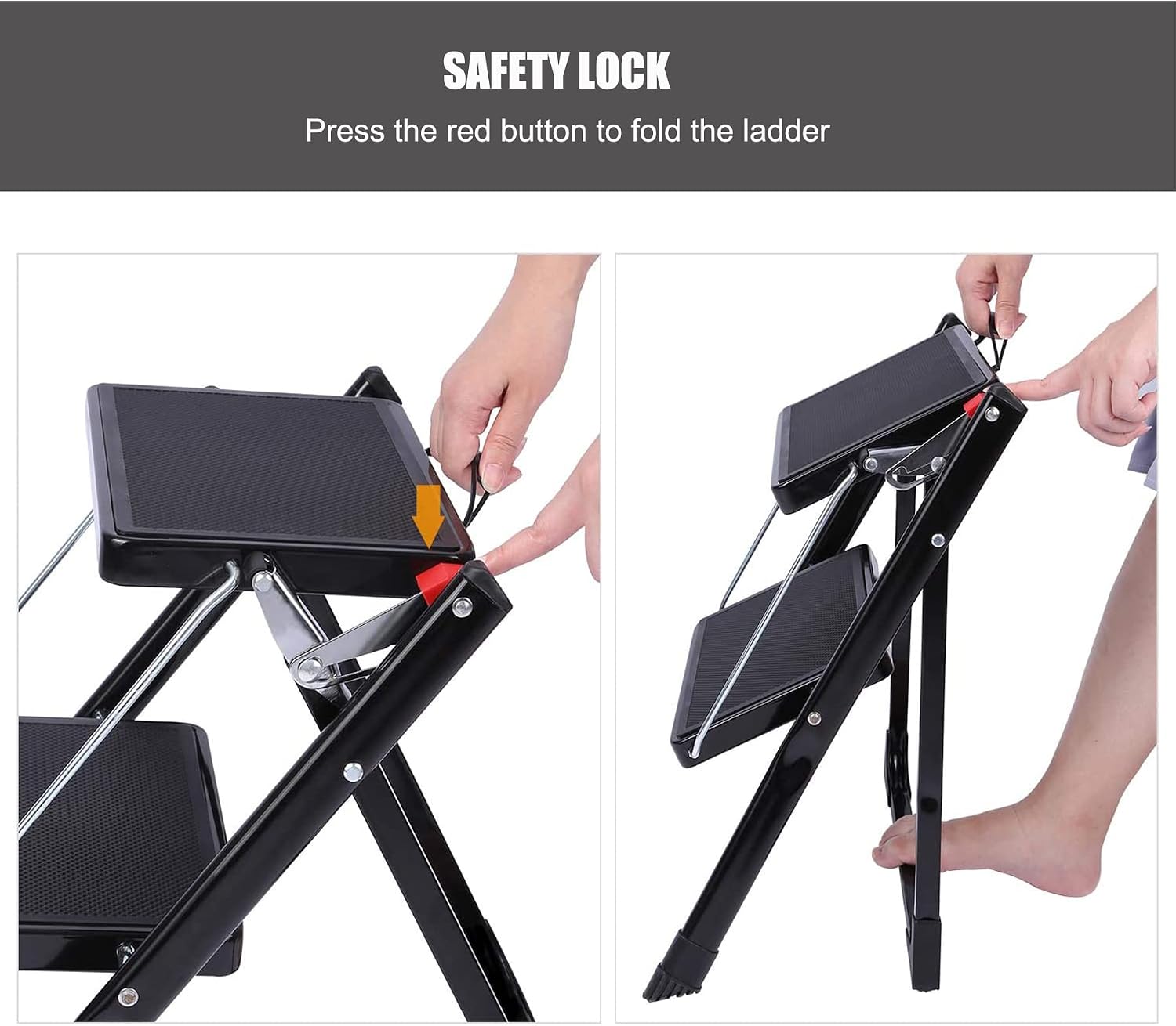 CAMPMAX 2 Step Ladder Folding Step Stool for Adults, Lightweight Sturdy Small Ladders for Kitchen Household, Supports 250lbs Capacity, Black New