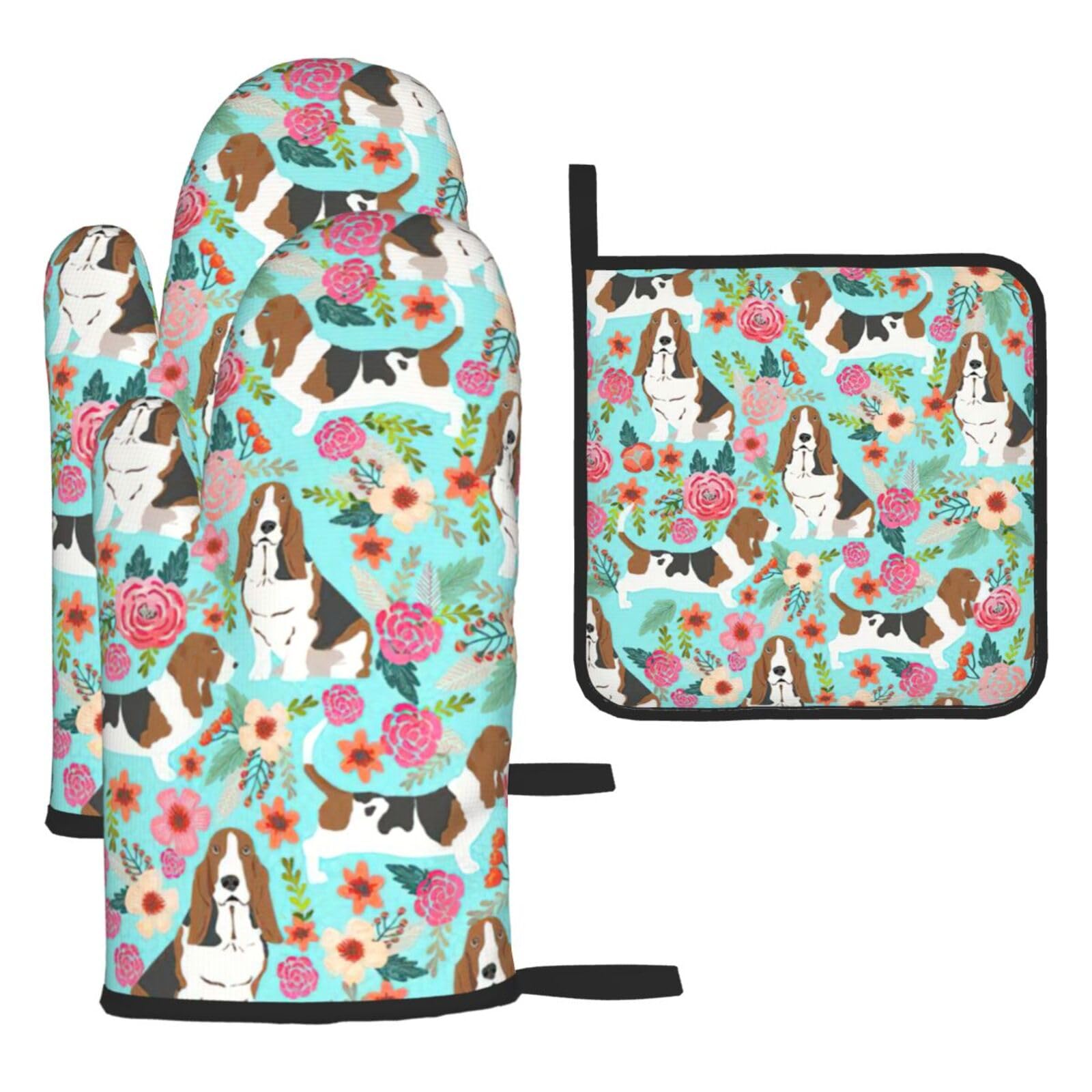 Yyoretp Black Sweet Basset Hound Florals Print Oven Mitts And Potholders Bbq Gloves-Oven Mitts And Pot Holders For Cooking Baking