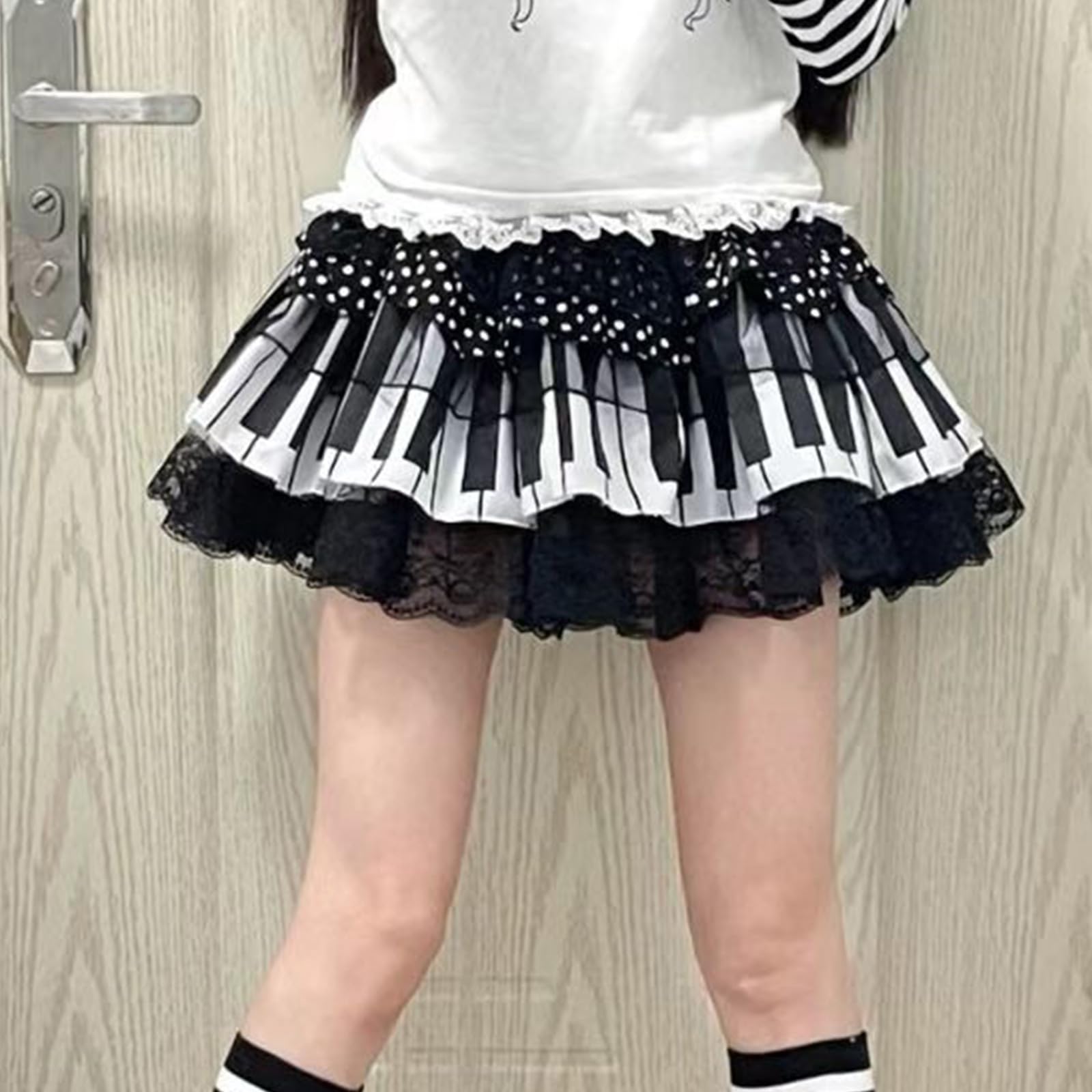 Gonna in pizzo in poliestere elasticizzato con stampa a pois rotonda design dimagrante vita comoda per occasioni casual evento sottoculturale gonna torta, Nero , XXL