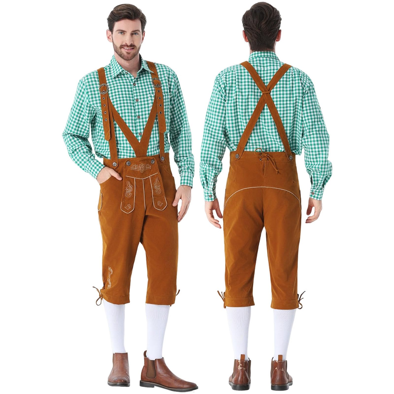 Generisch Oktoberfest Herren Outfit, traditionelles bayerisches Hosenträgerhosen-Set mit klassischem Karohemd, komfortable Passform für langanhaltende Festnutzung und Rollenspiele