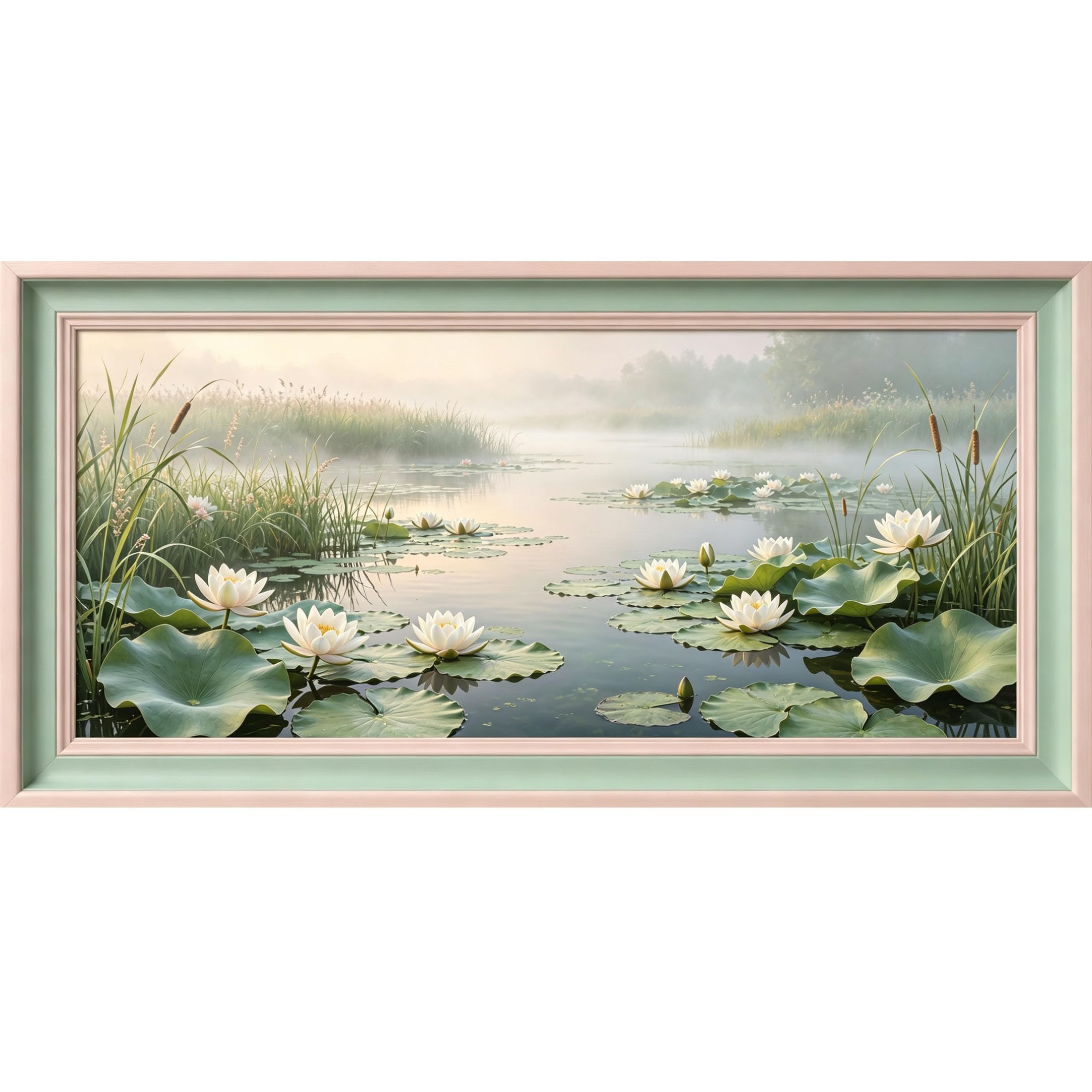 Agglomerix 3D Framed Wall Art White Lotus Flower Pond Landscape Botanical Oil Painting Large Size SelfAdhesive Removable Wall Decor Prints Artwork for Living Room Bedroom Office