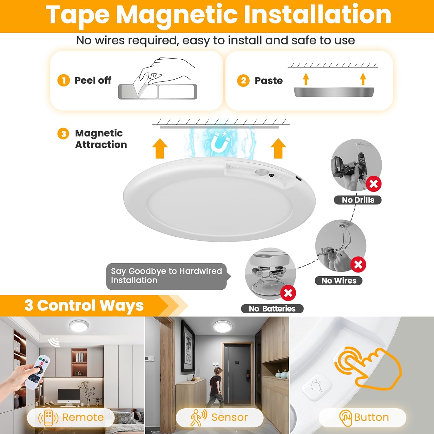 SunRider 2-Pack Rechargeable Motion Sensor LED Ceiling Light with Remote, Wireless Battery Operated 3CCT Dimmable Closet Lights for Shower Pantry