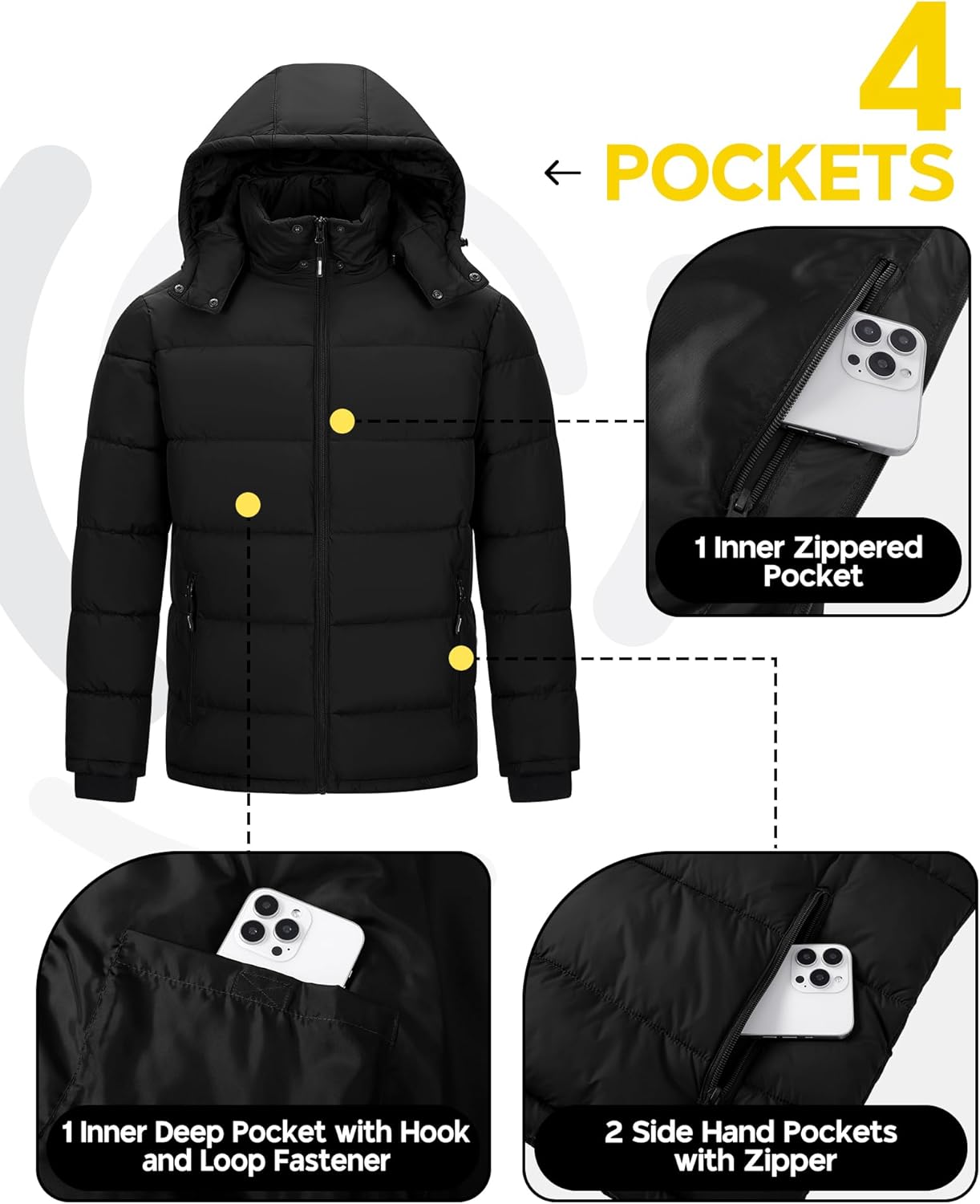 Outdoor Ventures Men's Lightweight Puffer Jacket Detachable Hood Insulated Winter Coat Water Resistant Warm Puffy Windbreaker - Image 3