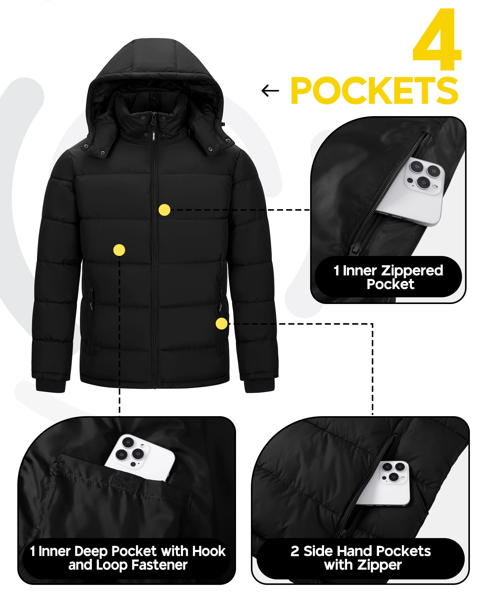 Outdoor Ventures Herren Leichte Steppjacke Wasserdichte Übergangsjacke Winddichte Warme Winterjacke Männer Daunenjacken Winterparka mit Gefüttert Abnehmbare Kapuze Stehkragen