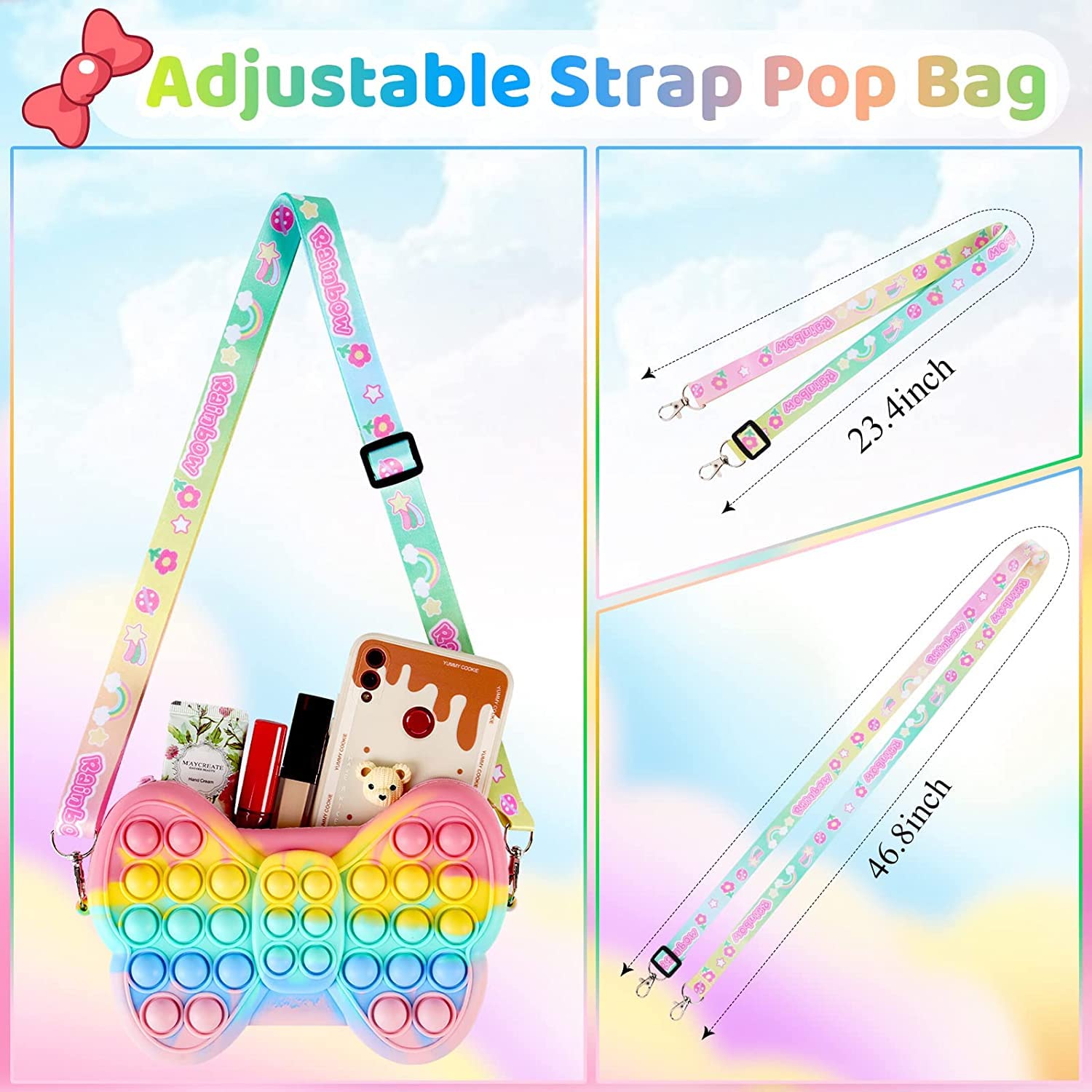 Party Propz Pop It Bag for Girls - Rainbow Butterfly Pop It Pouch | Silicone Popit Bag for Girls, Women, Kids | Return Gift for Kids | Cross Body Sling Bag Purse for Girls Kids | Kids Purse for Girls - Image 9 thumbnail