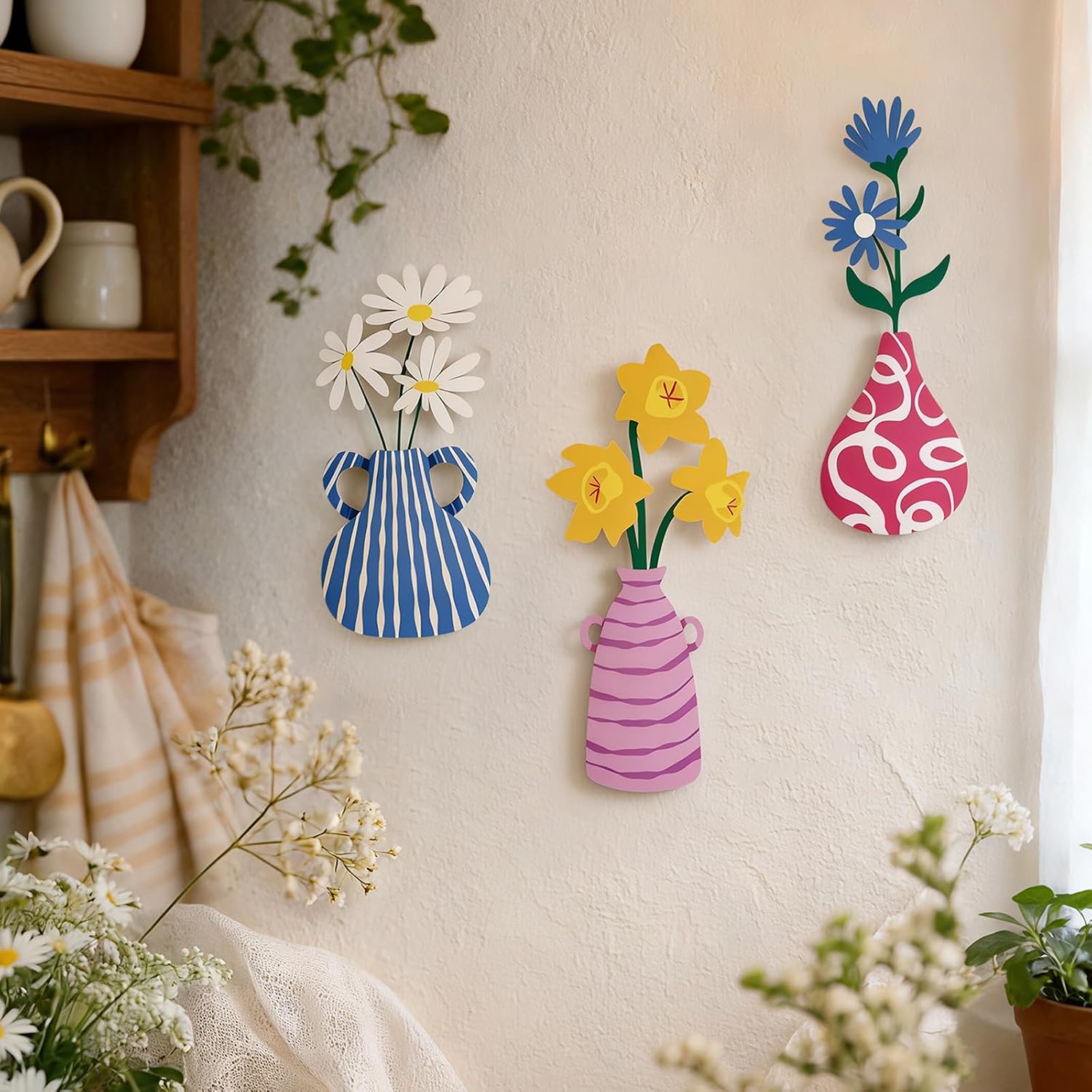 Amazon.com: Decorative Metal Wall Art, 3-Piece Flower Vase Set, Modern ...
