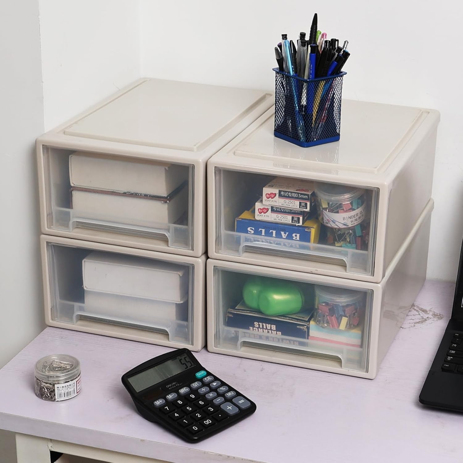 12 Quart Desktop Storage Organization Unit, 4 Pack Plastic Stacking Drawer Units