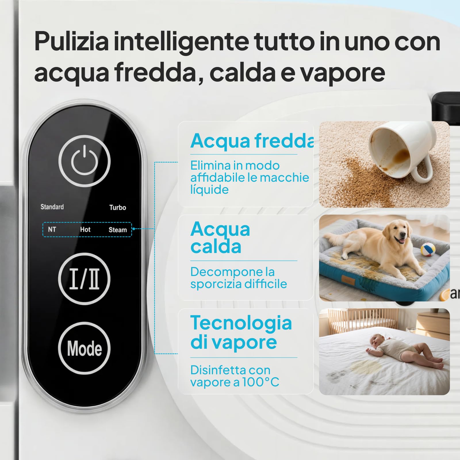 Livatro Lavatappeti e Divani Lava e Asciuga, 1700W Pulitore a Vapore per Divani, 15KPa Lava Tappezzeria, Pulisci Divani a Vapore, Serbatoio da 1,6 L, per Pulito, Mobili Imbottiti, Sofà, Auto