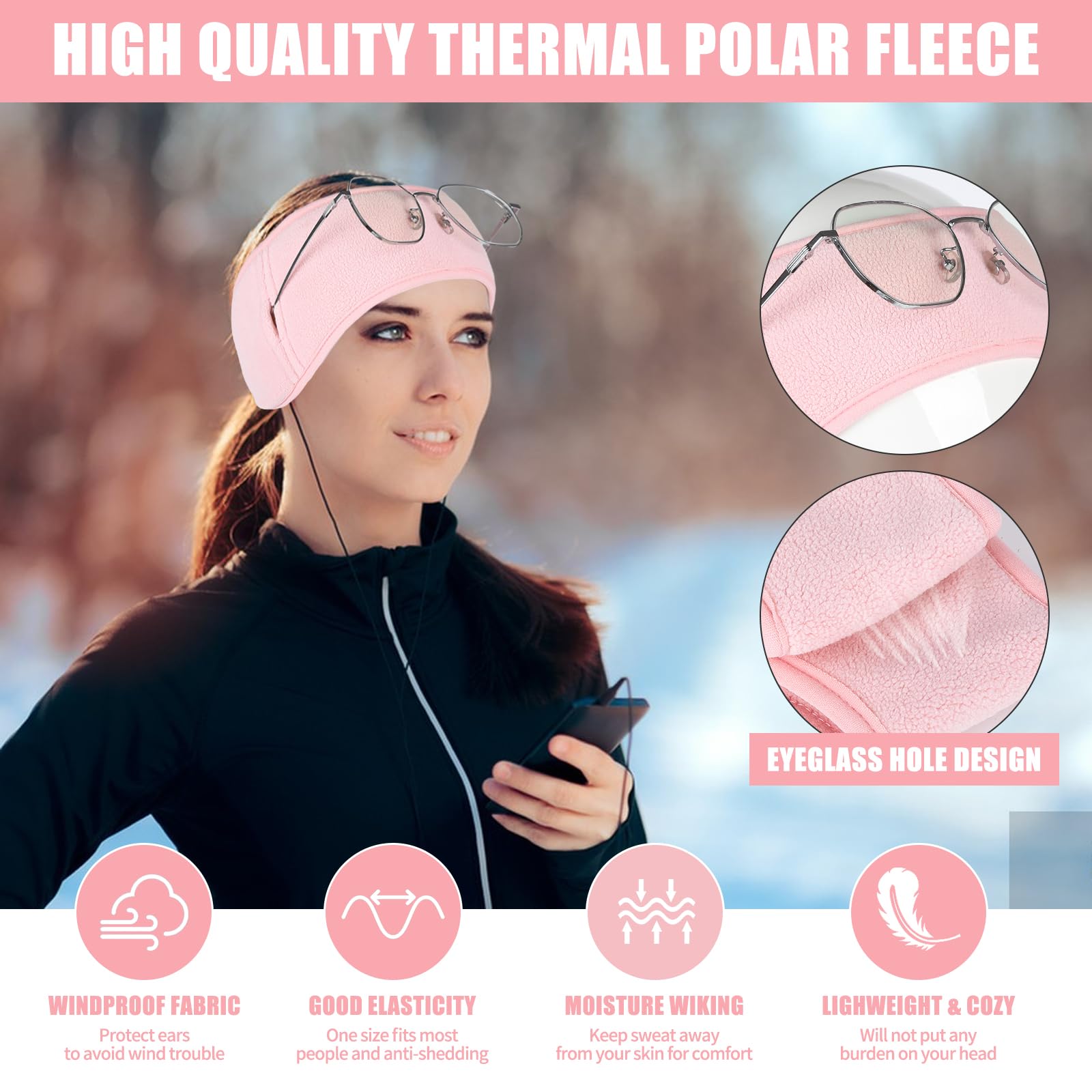 Fleece-Ohrwärmer Für Damen/Herren – Schwarz-rosa, Für Sport Bei Kälte (Laufen, Skifahren, Radfahren)